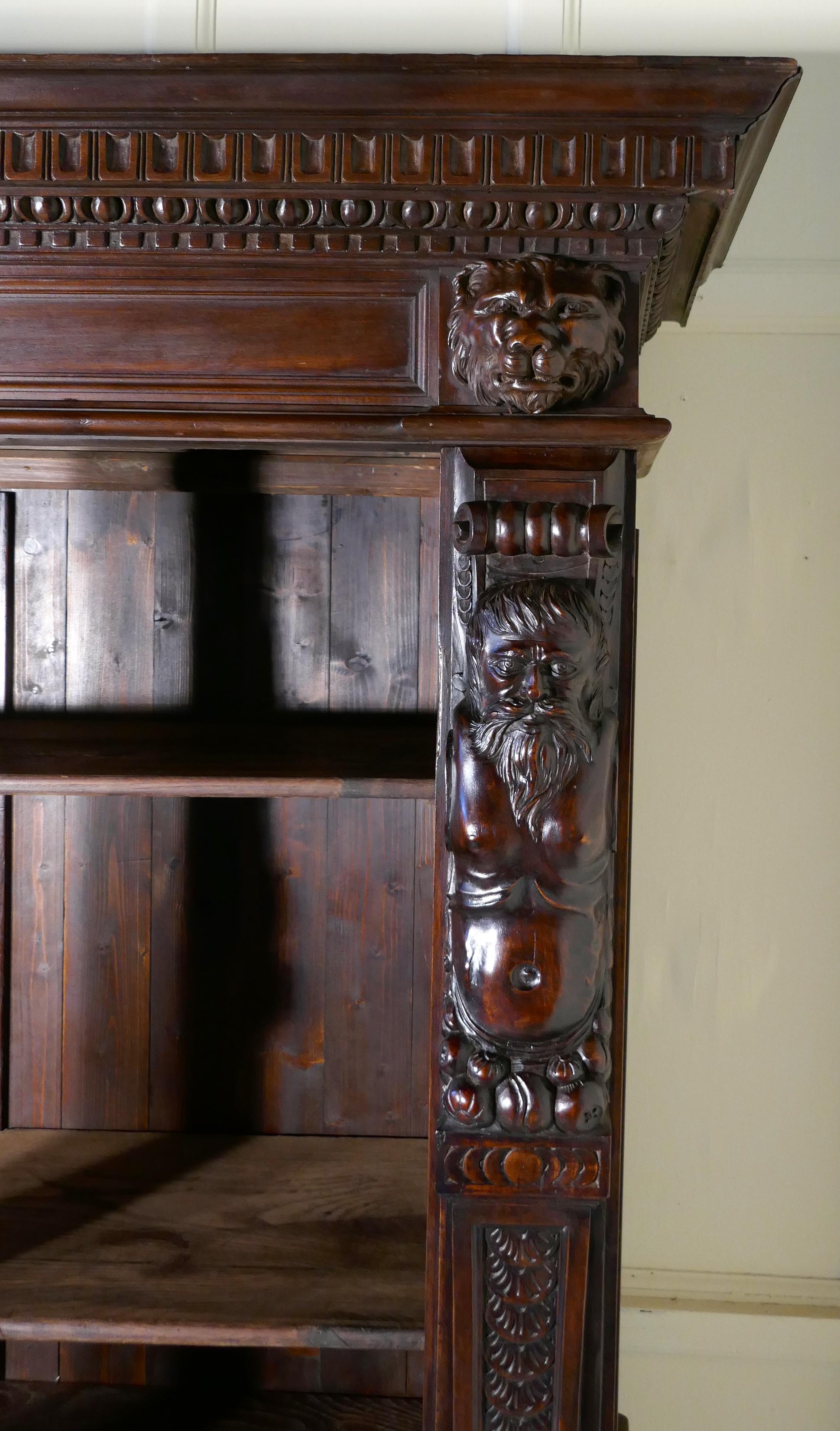 Large Walnut Open Bookcase, Carved with Lion Caryatid and Ancient Gods 4