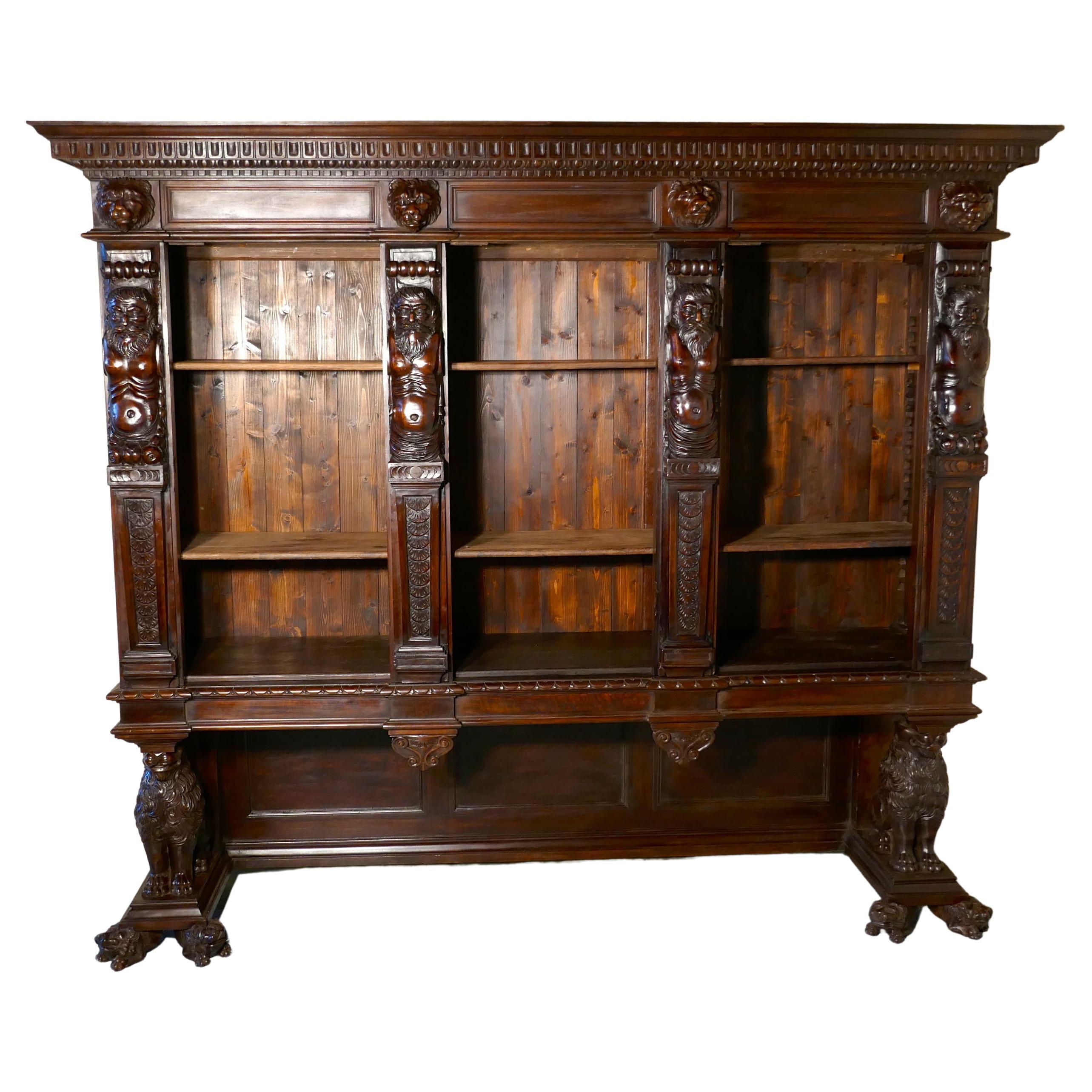 Large Walnut Open Bookcase, Carved with Lion Caryatid and Ancient Gods
