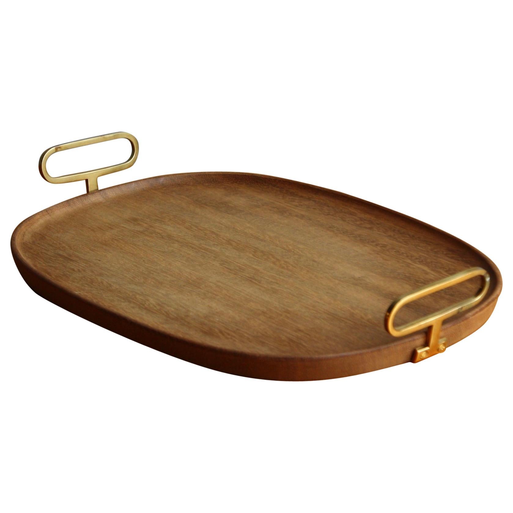 Large Walnut Oval Tray with Brass Handles Made by Carl Auböck