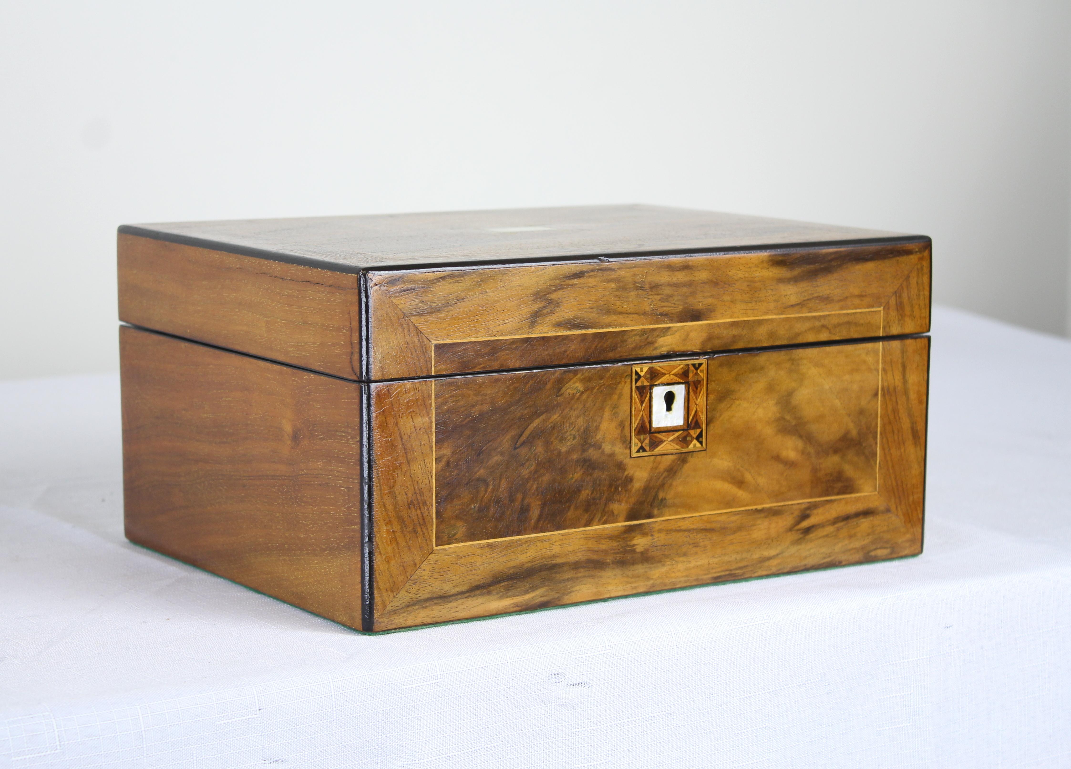 English Large Walnut Sewing Box, Ebony and Boxwood Inlay