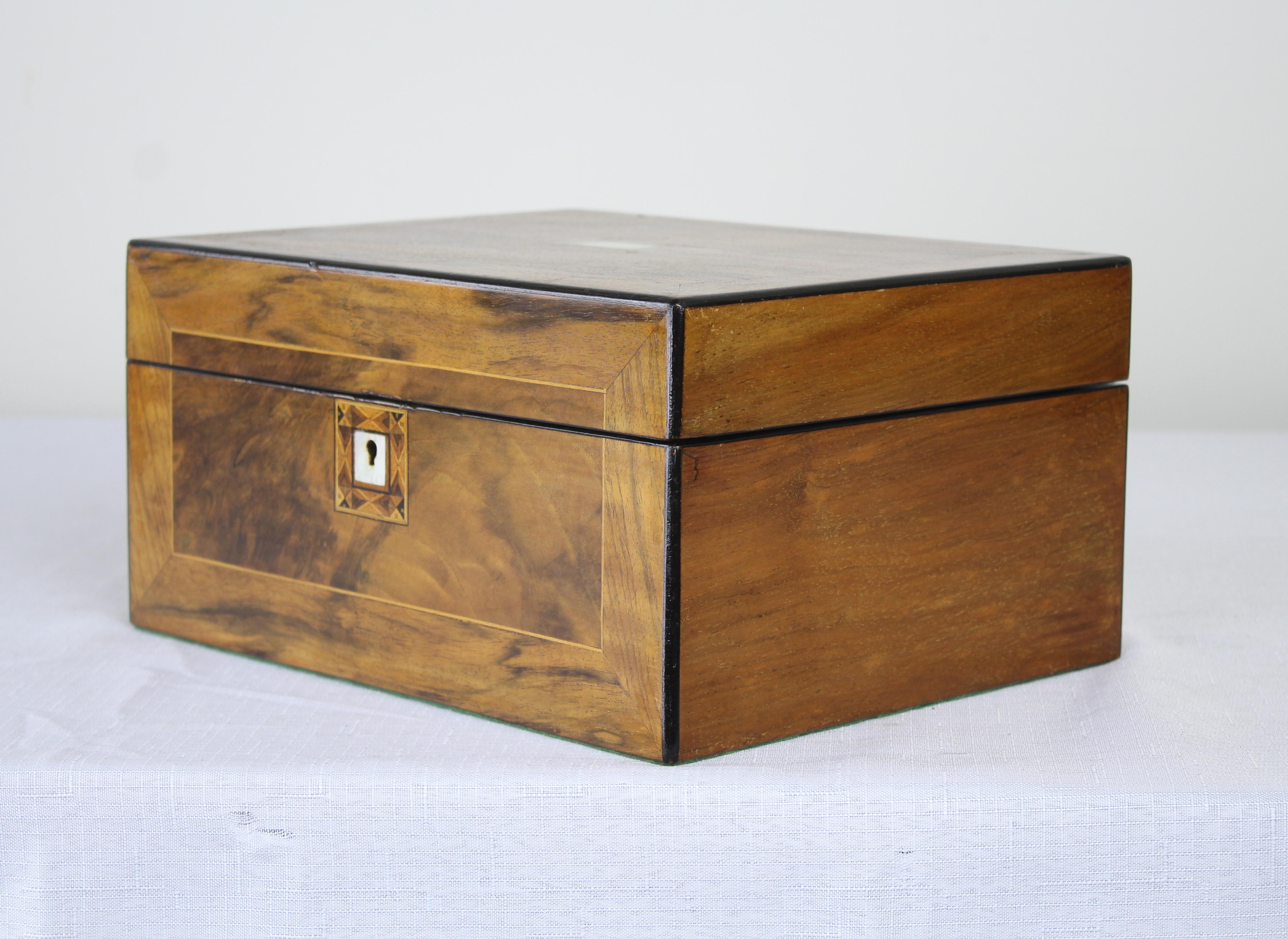 19th Century Large Walnut Sewing Box, Ebony and Boxwood Inlay