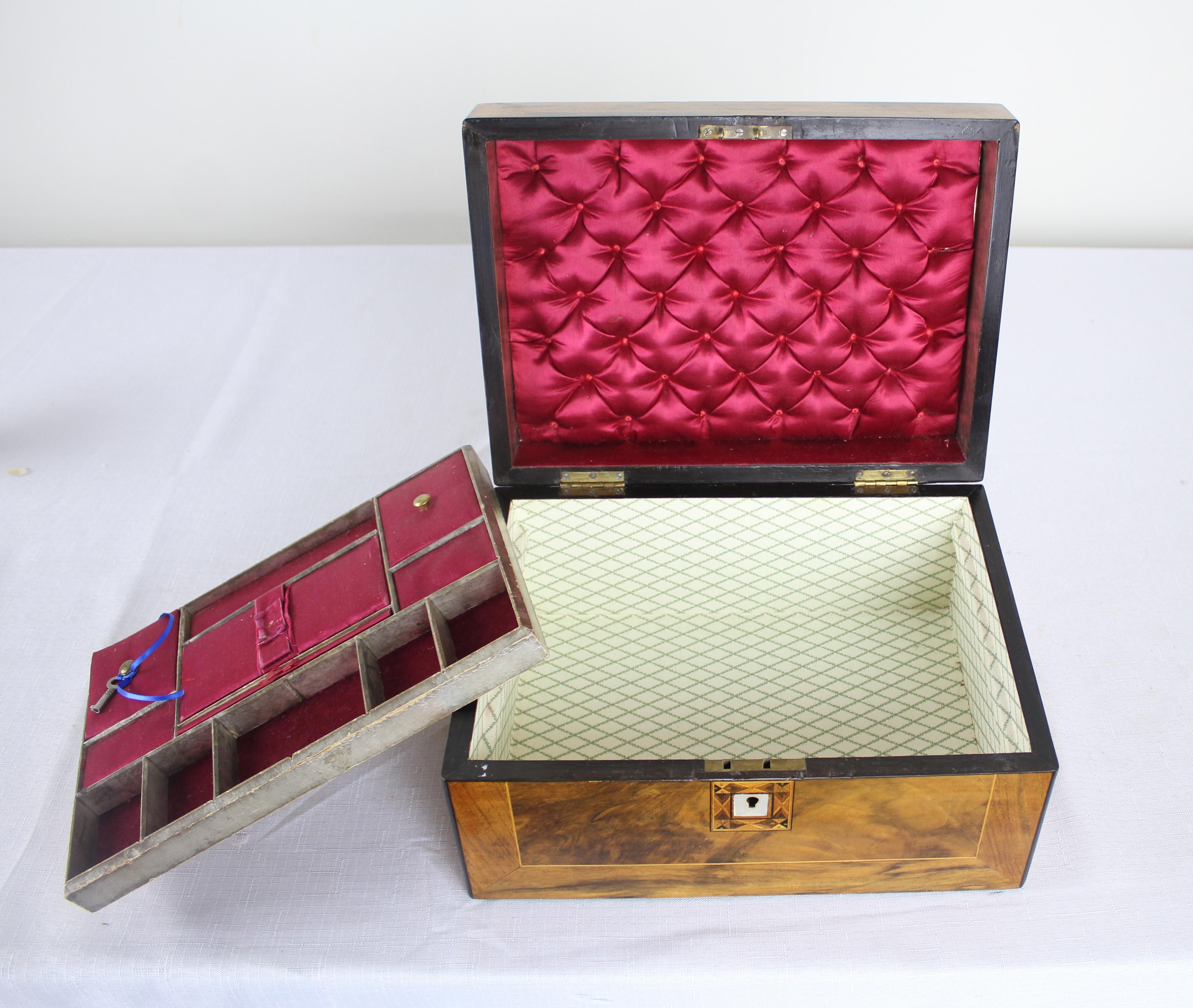 Large Walnut Sewing Box, Ebony and Boxwood Inlay 3