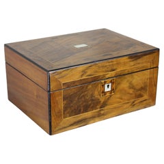Antique Large Walnut Sewing Box, Ebony and Boxwood Inlay