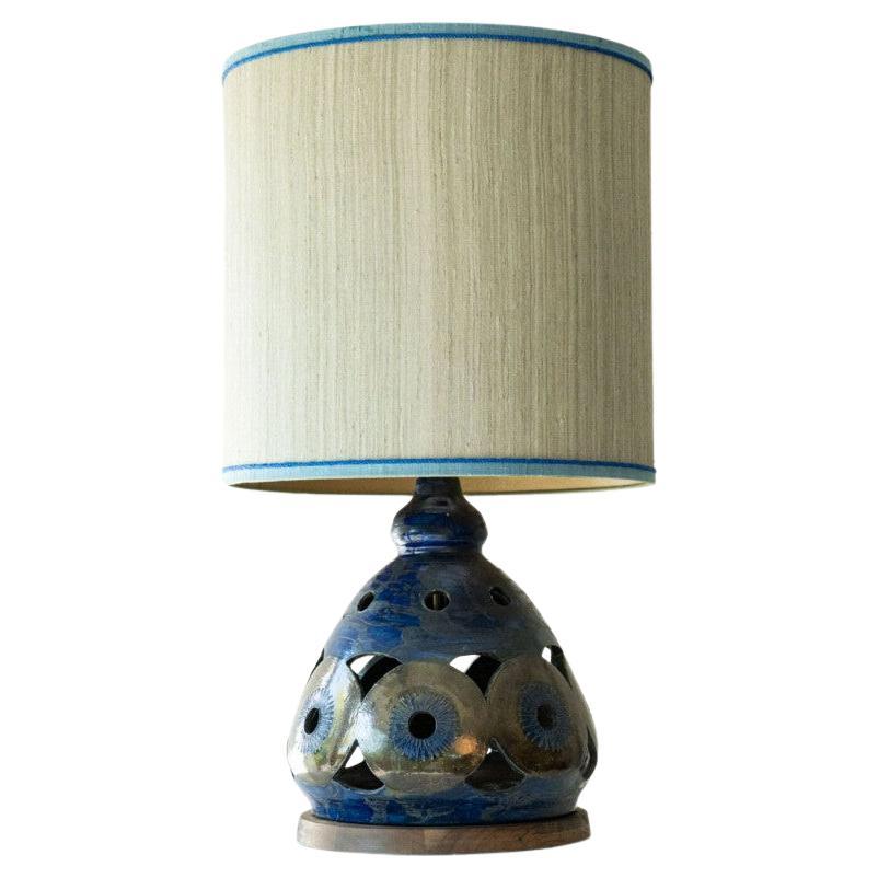Large Walnut Wood Ceramic Table Lamp, New Lampshade by R. Houben, 1970
