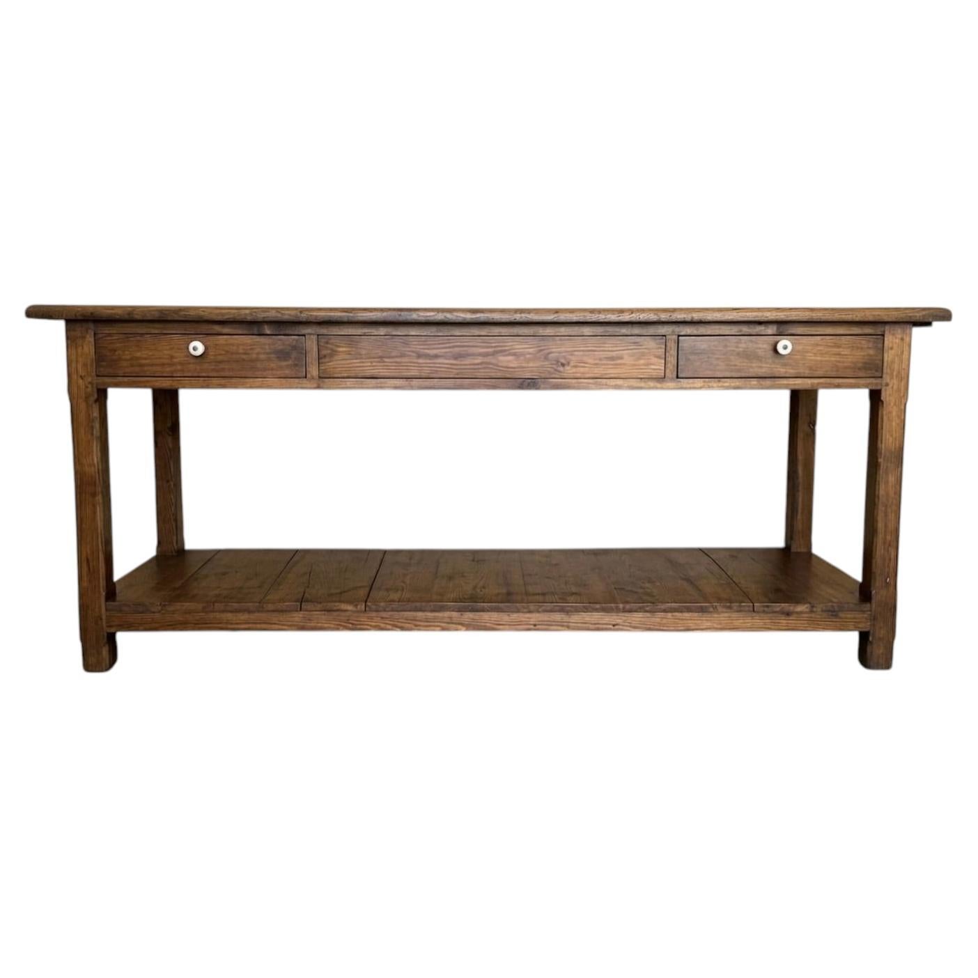 Large Walnut wood console table with two drawers and lower shelf