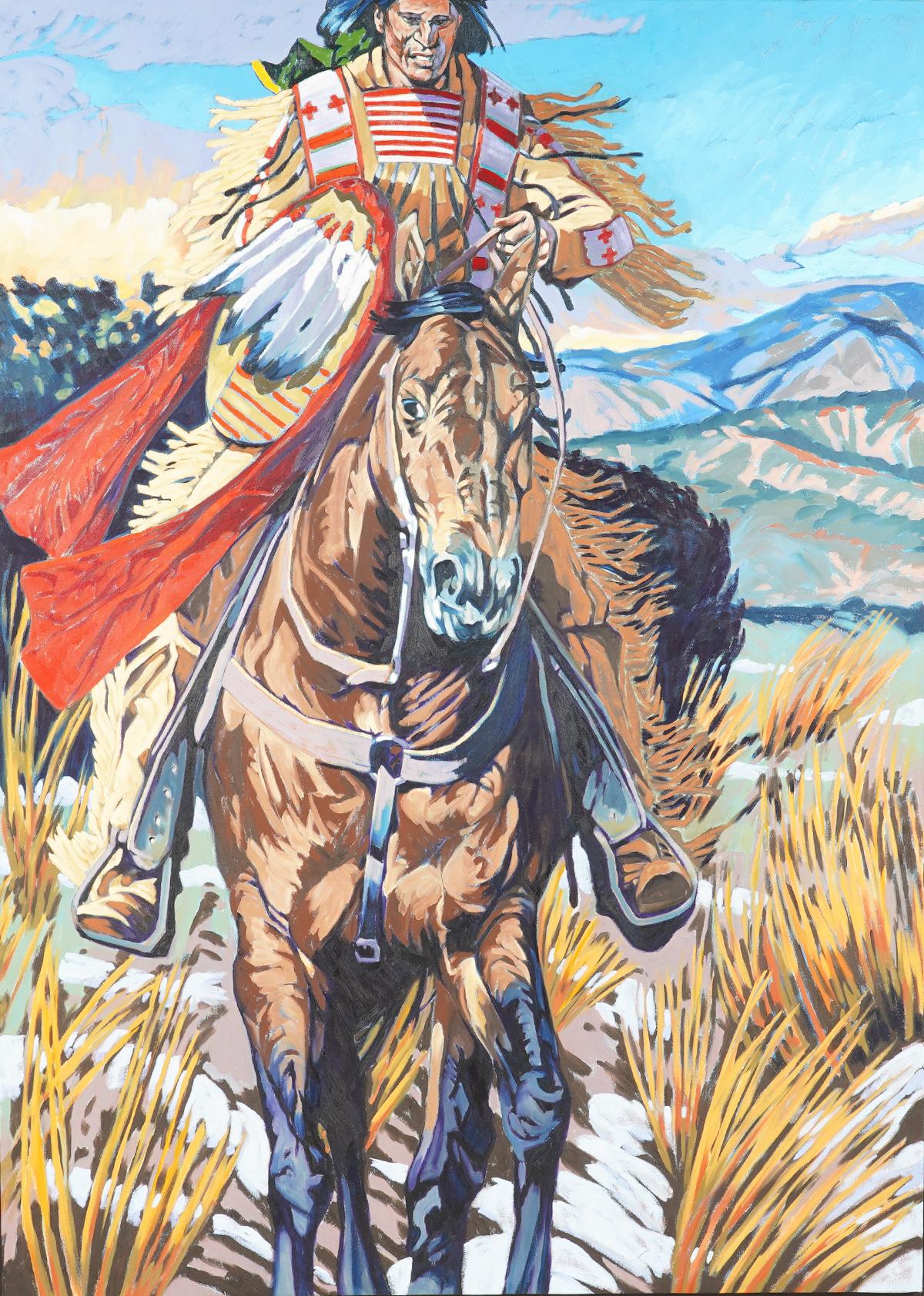 Walt Wooten, New Mexico (b. 1939). Large oil on canvas of 'Warrior on Horseback', brilliant colors, signed on verso. Measures 74