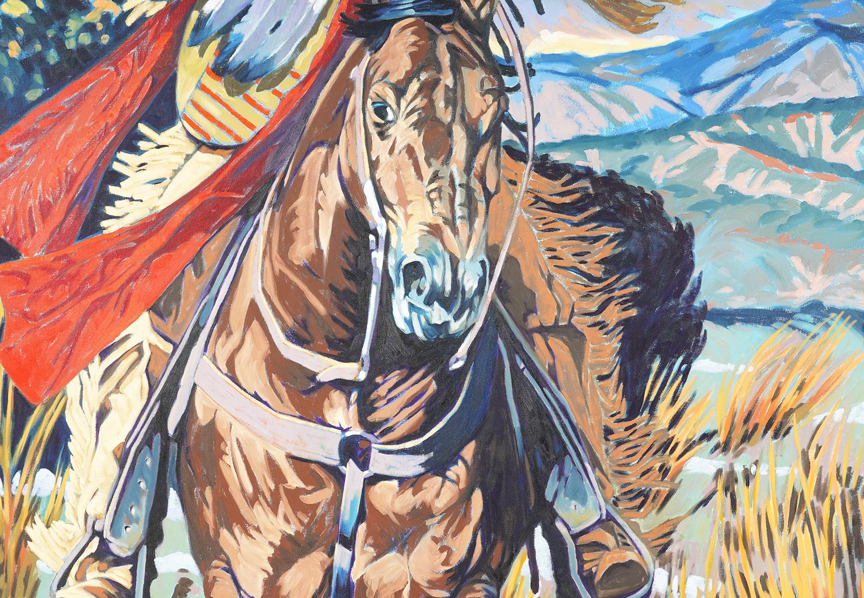 American Large Walt Wooten 'Warrior on Horseback' Oil Painting