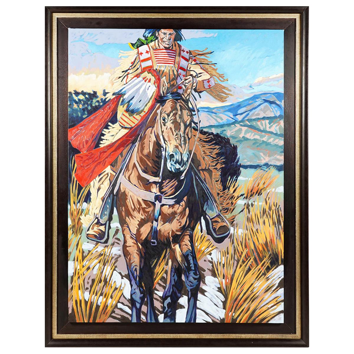 Large Walt Wooten 'Warrior on Horseback' Oil Painting