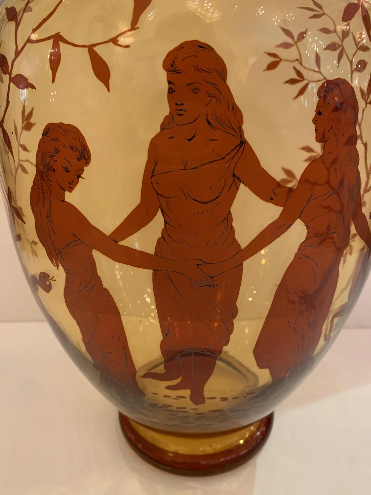 Mid-20th Century Large Warm Amber Glass Vase with Hand Painted Figural Decoration For Sale