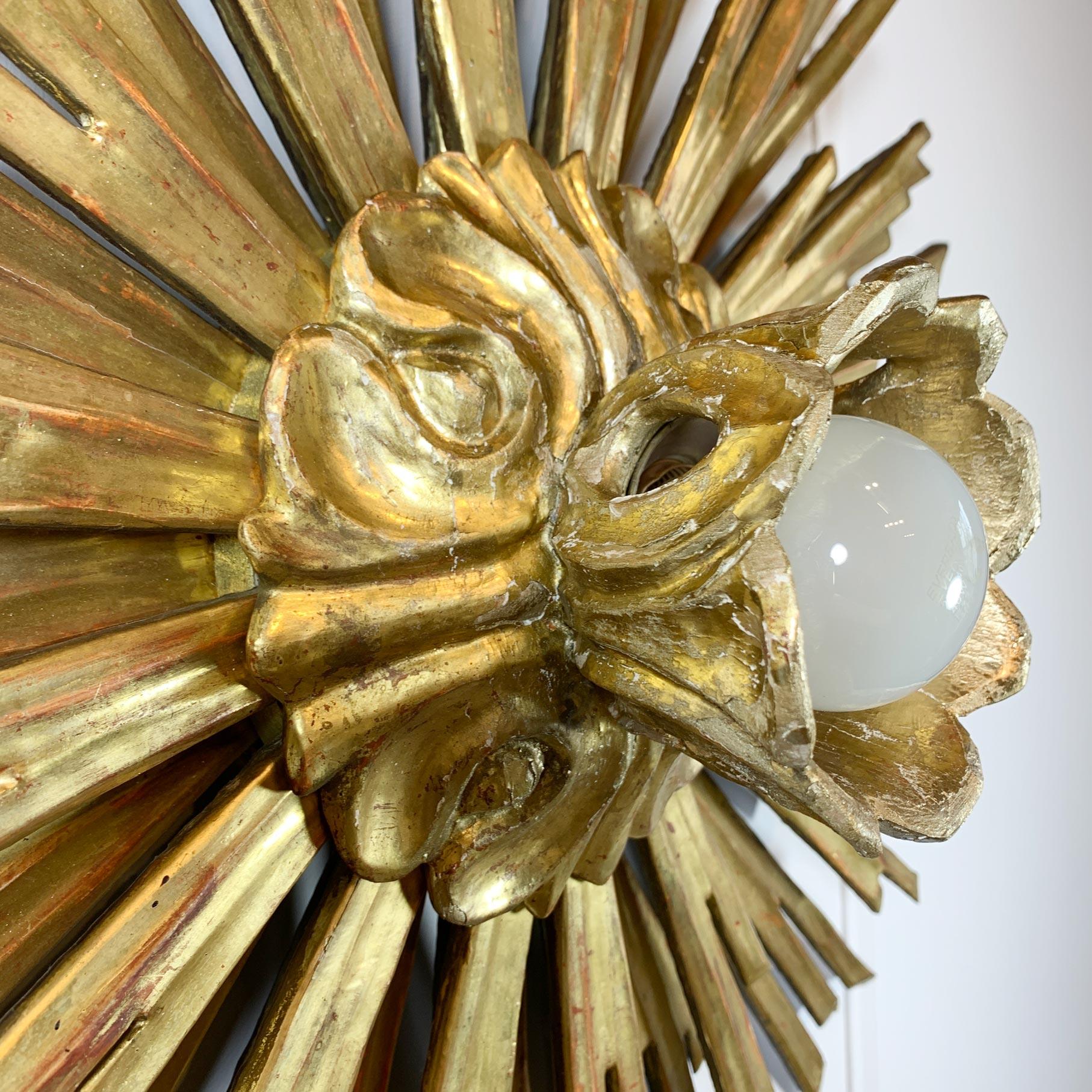Large Gold Water Gilded Wooden Chapel Sunburst Flush Light For Sale 5