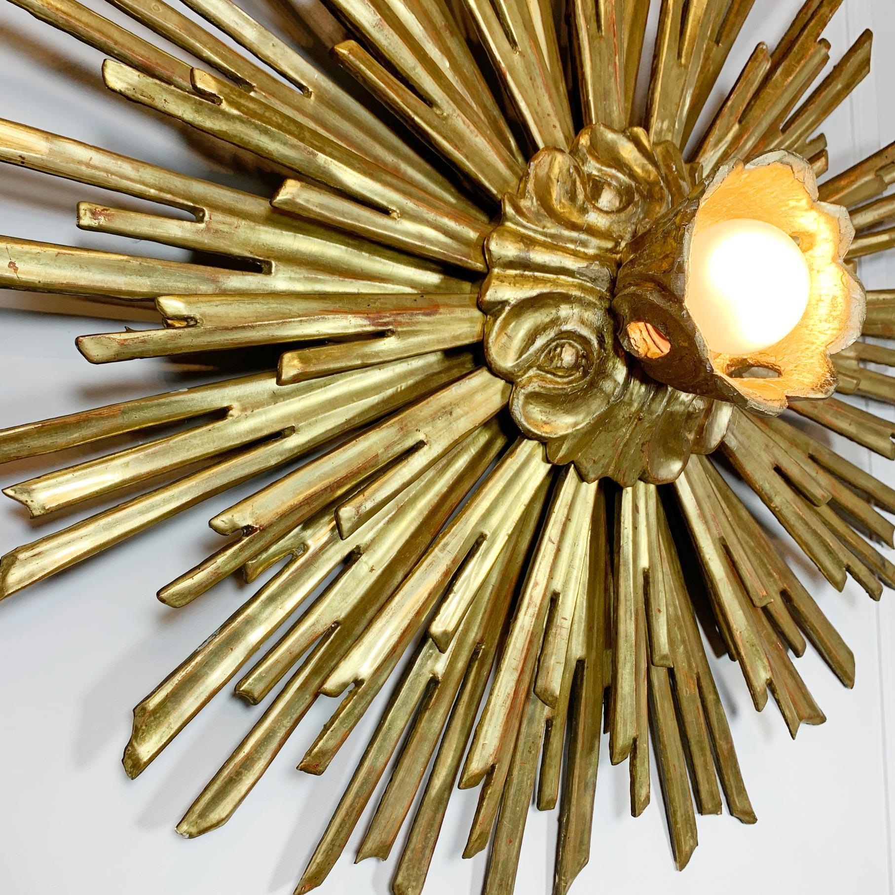 Large Gold Water Gilded Wooden Chapel Sunburst Flush Light For Sale 6