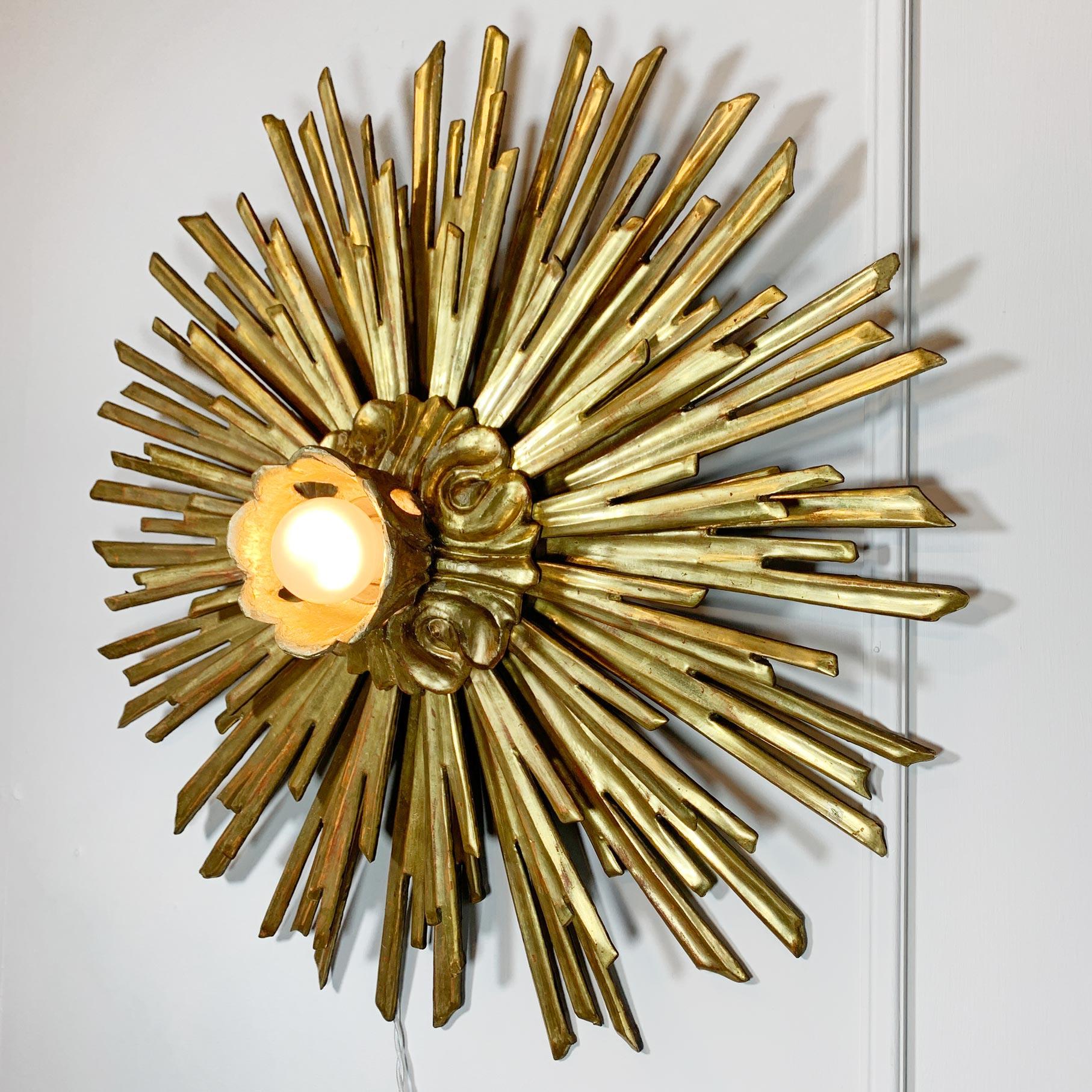 Hand-Crafted Large Gold Water Gilded Wooden Chapel Sunburst Flush Light For Sale