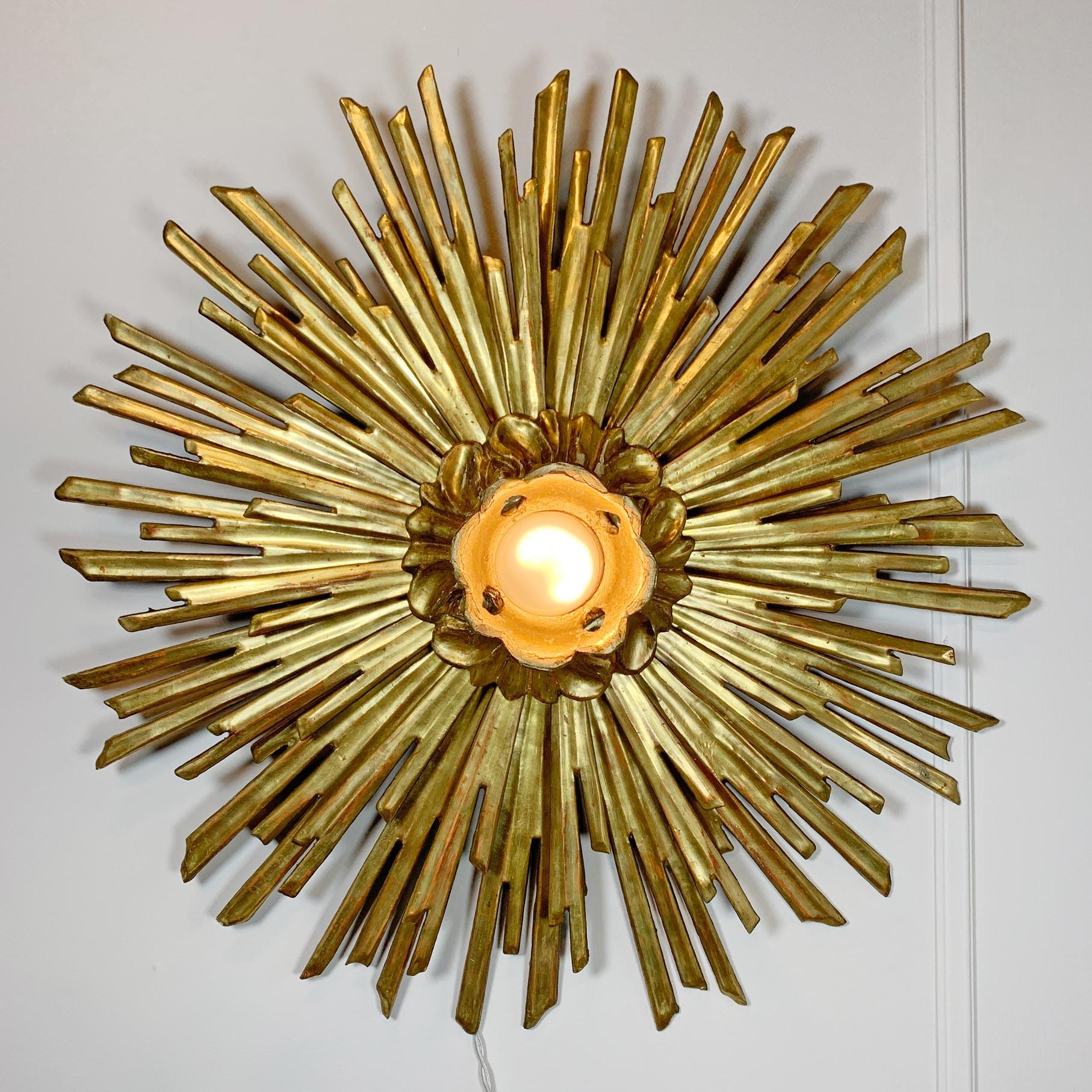 Mid-20th Century Large Gold Water Gilded Wooden Chapel Sunburst Flush Light For Sale