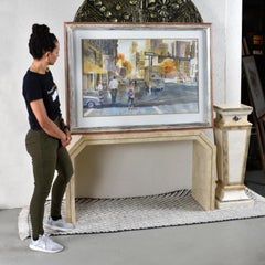 Large Watercolor Cityscape Painting, Ethereal Urban Scene, 1980s