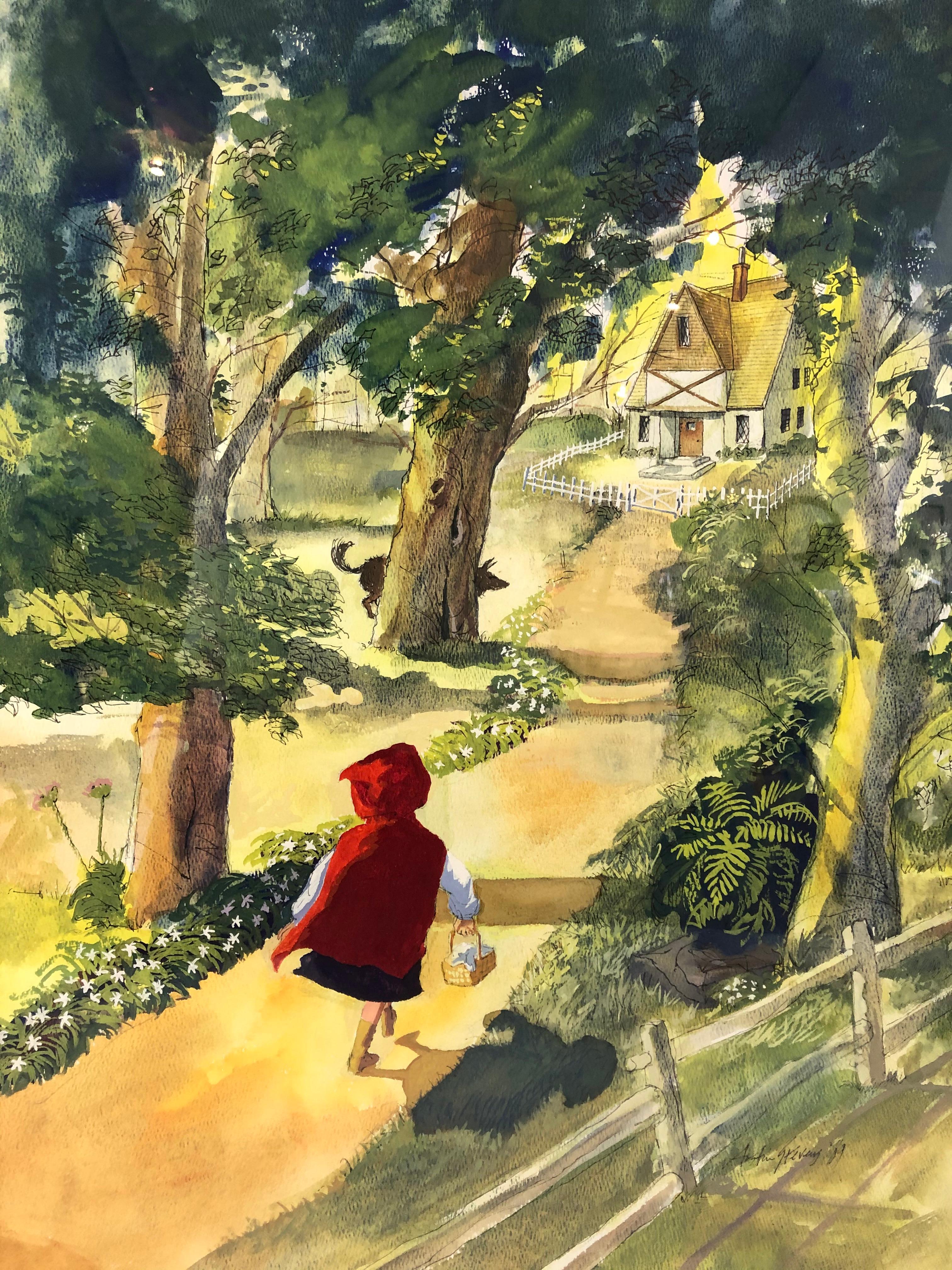 A beautifully rendered watercolor and pen and ink drawing of little red riding hood, walking to her grandmother's half timbered cottage in the woods with a wolf peeking behind a tree, drawn from a high aerial viewpoint, with great attention to