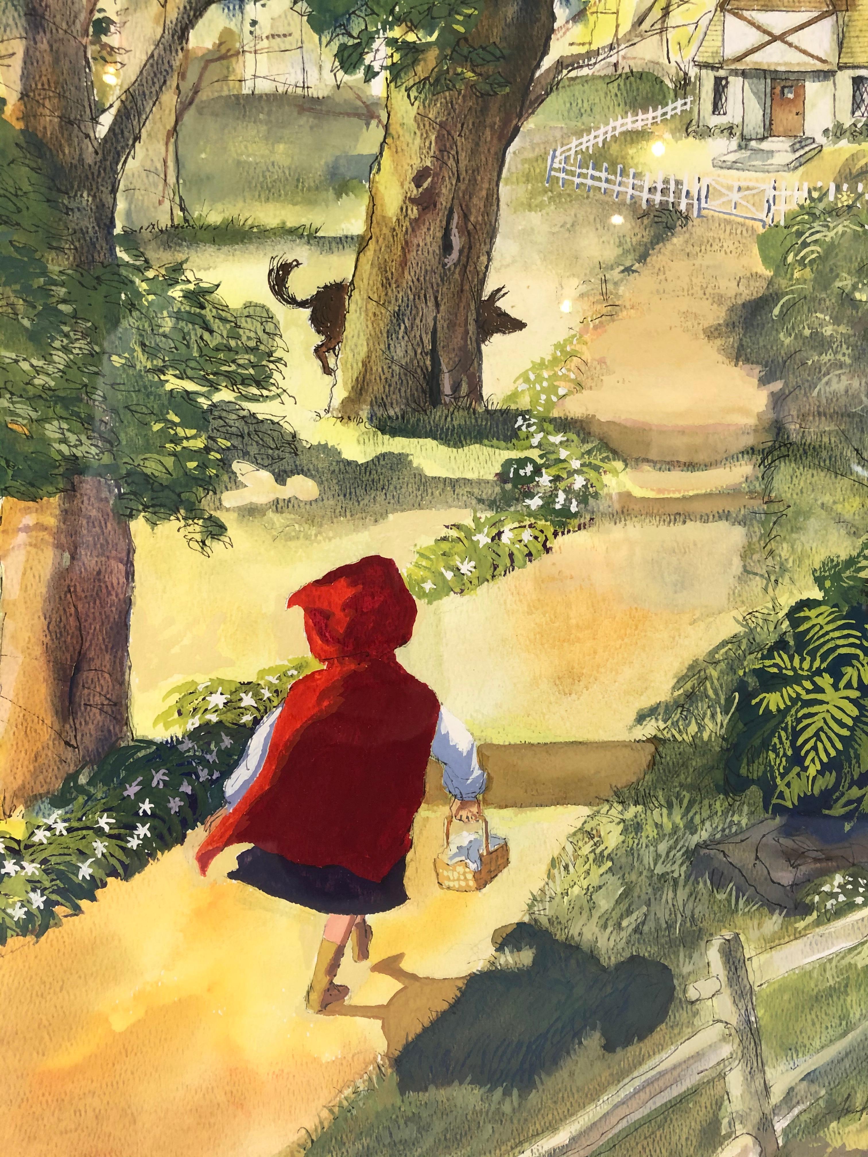 American Large Watercolor Drawing of Little Red Riding Hood by Austin Stevens