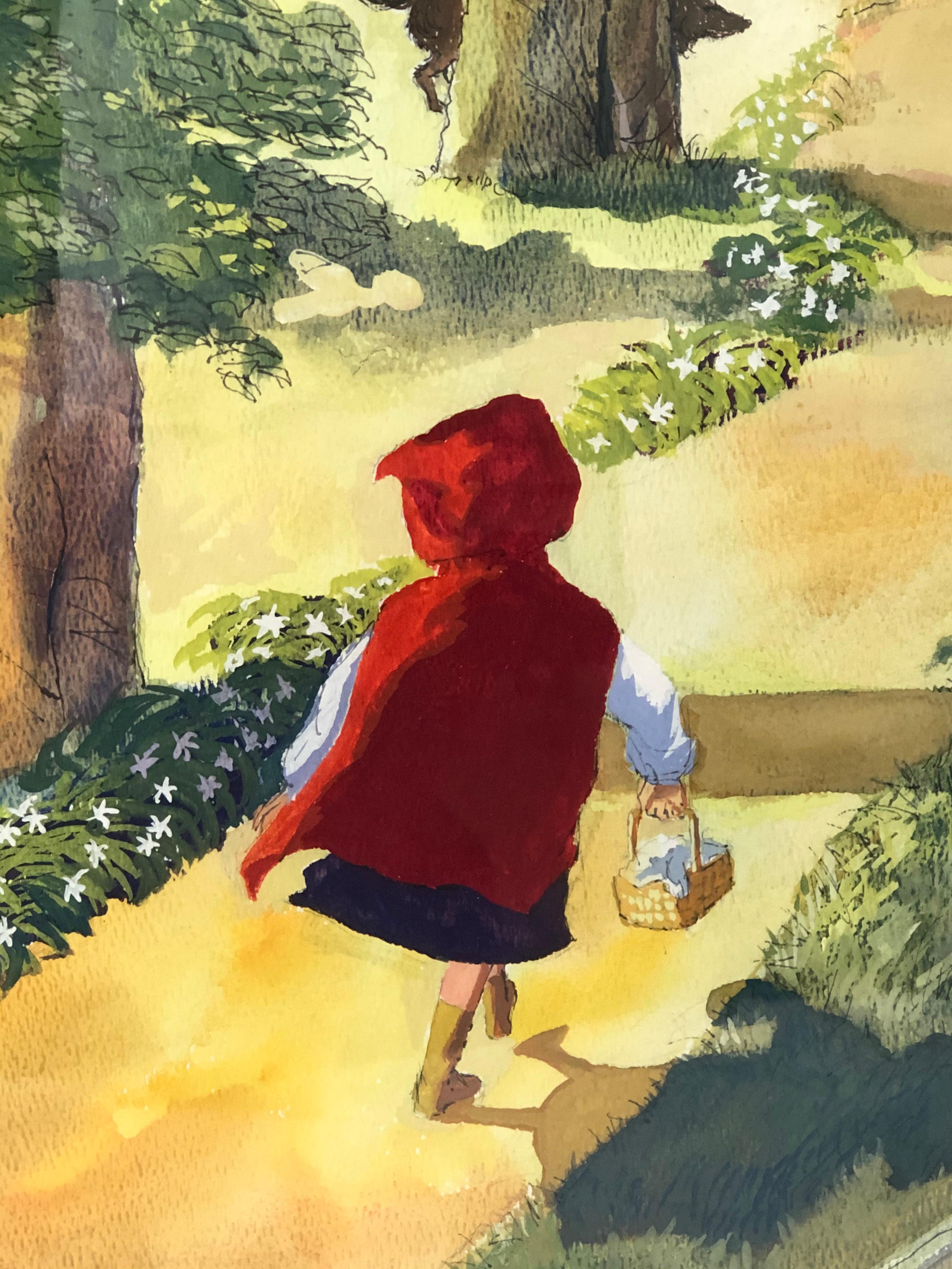 Late 20th Century Large Watercolor Drawing of Little Red Riding Hood by Austin Stevens