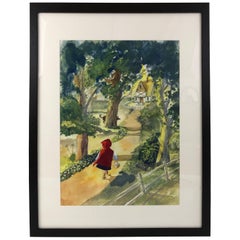 Retro Large Watercolor Drawing of Little Red Riding Hood by Austin Stevens