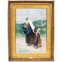 Large Watercolor "Mother & Daughter" by Thure de Thulstrup
