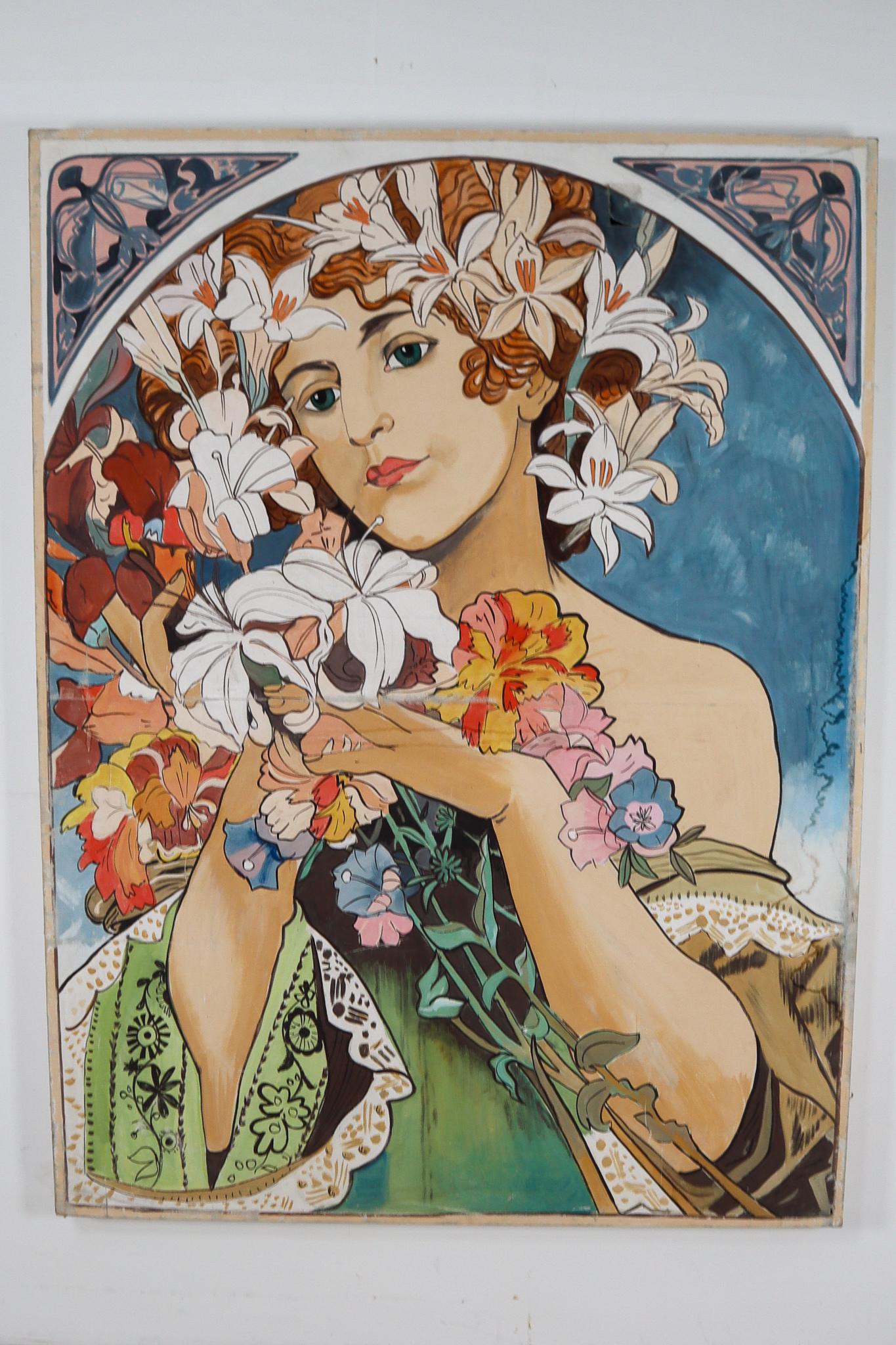 Jugendstil Large Painting in the Style of Alphonse Mucha, Czech, Replubic, 1930s