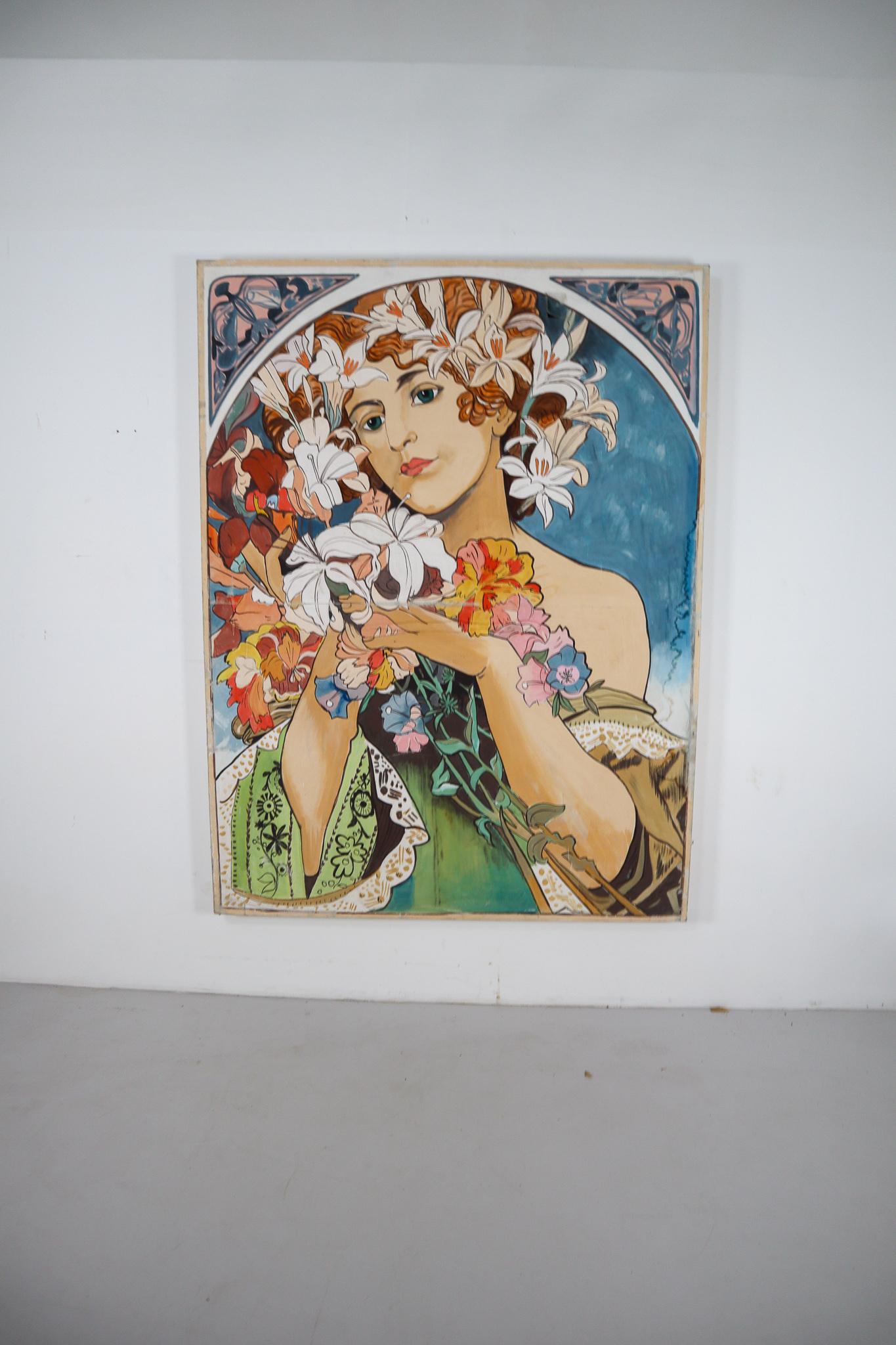 Large Painting in the Style of Alphonse Mucha, Czech, Replubic, 1930s In Fair Condition In Almelo, NL
