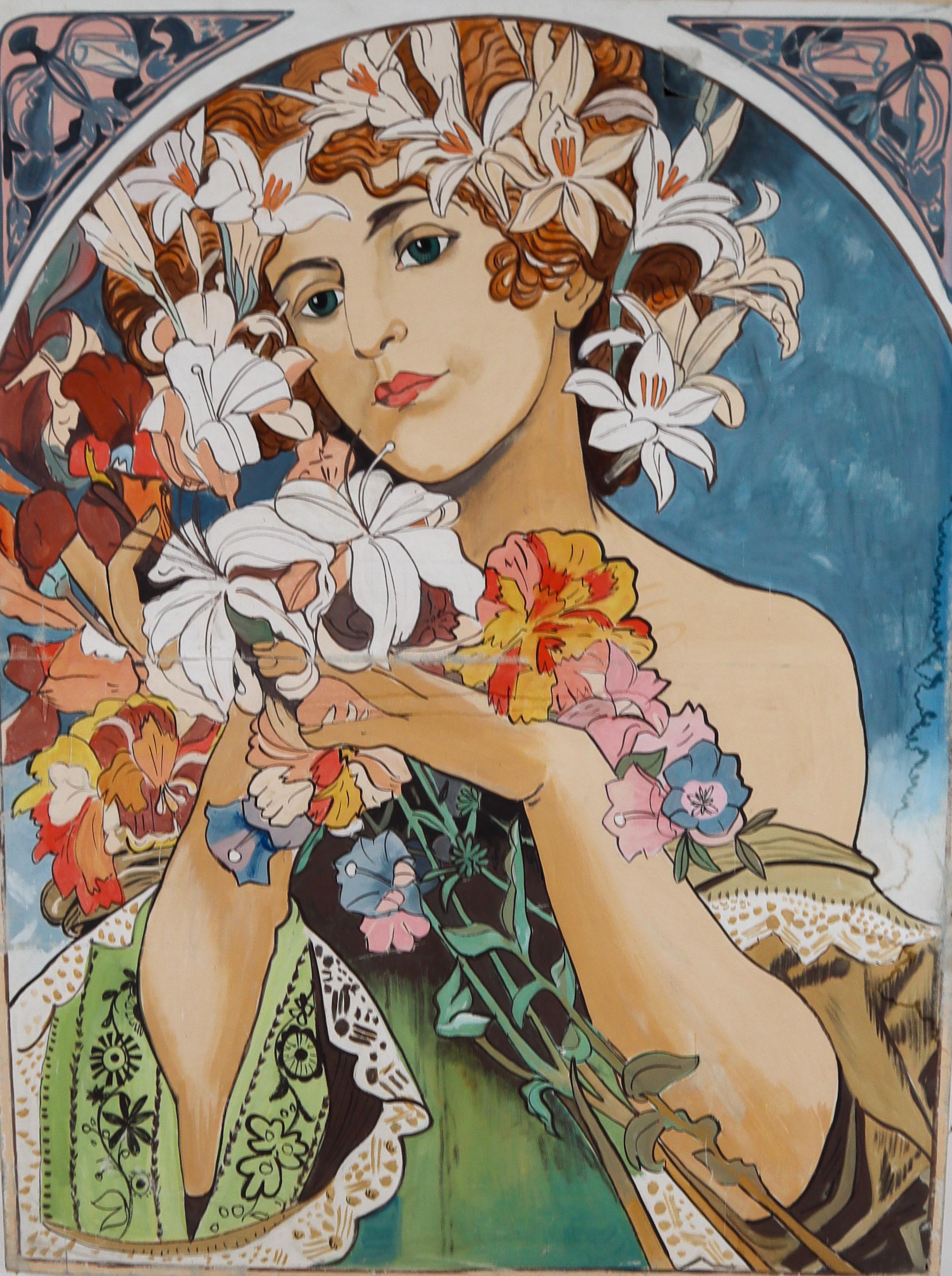 This large painting is in the style of Alphonse Mucha, from a famous theather in Prague. It's made of linnen with a wooden frame in paint. 
His style is characterized by the elegant lines, fresh pastel colors and lush motifs. His works are