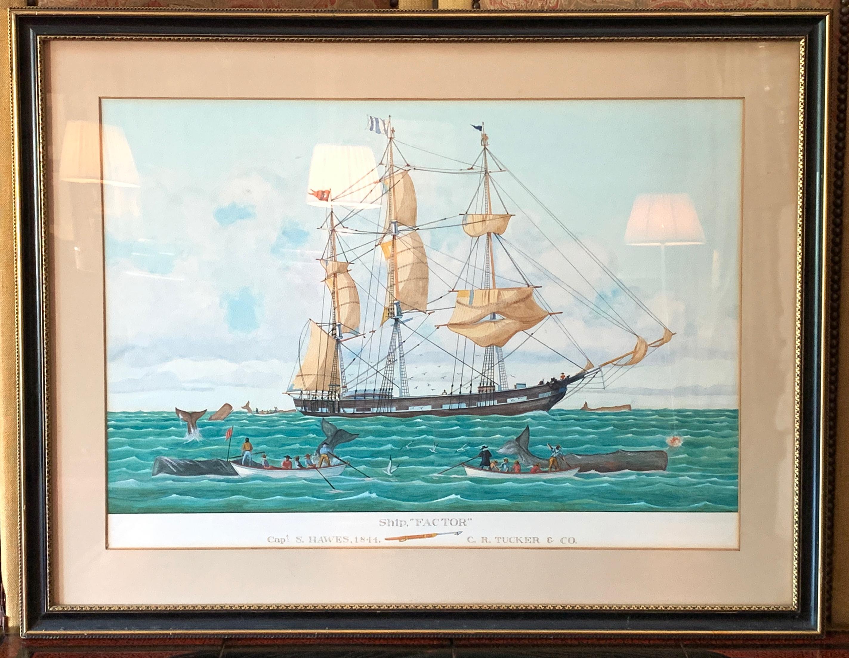 A large and colorful mid-20th century watercolor painting of the Nantucket Whaling ship, Factor.