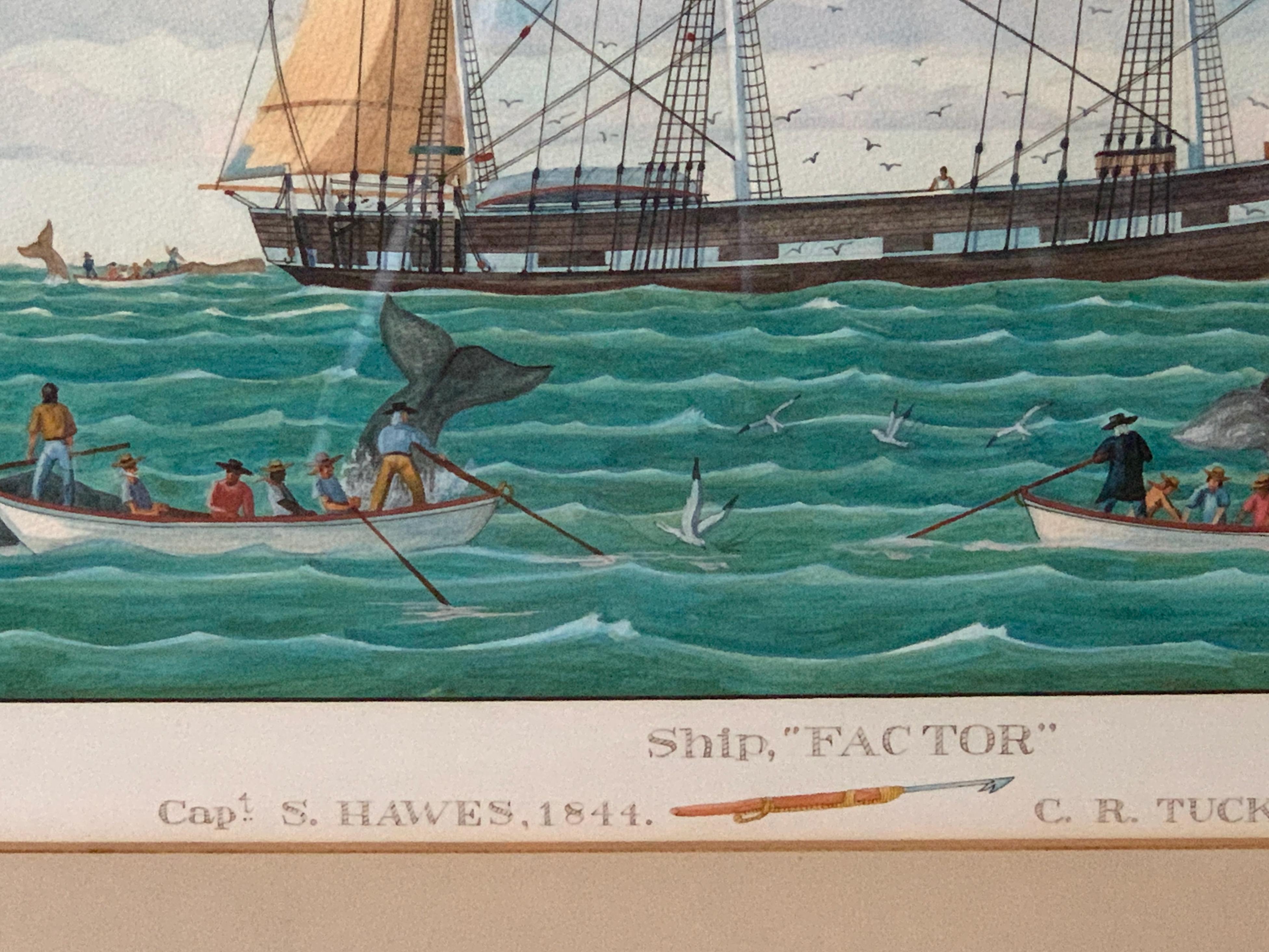American Large Watercolor Painting of a Nantucket Whaling Ship