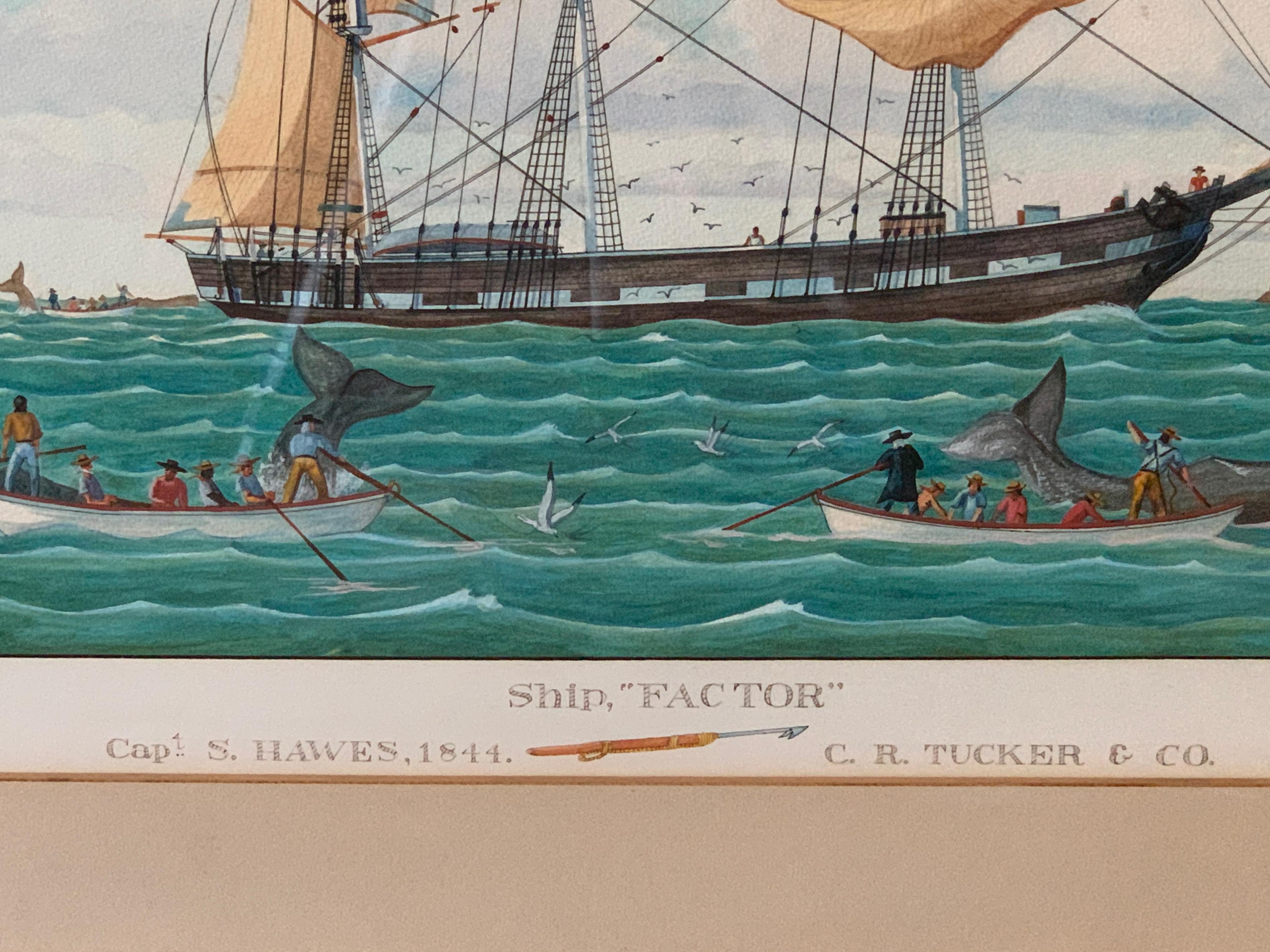 Hand-Painted Large Watercolor Painting of a Nantucket Whaling Ship
