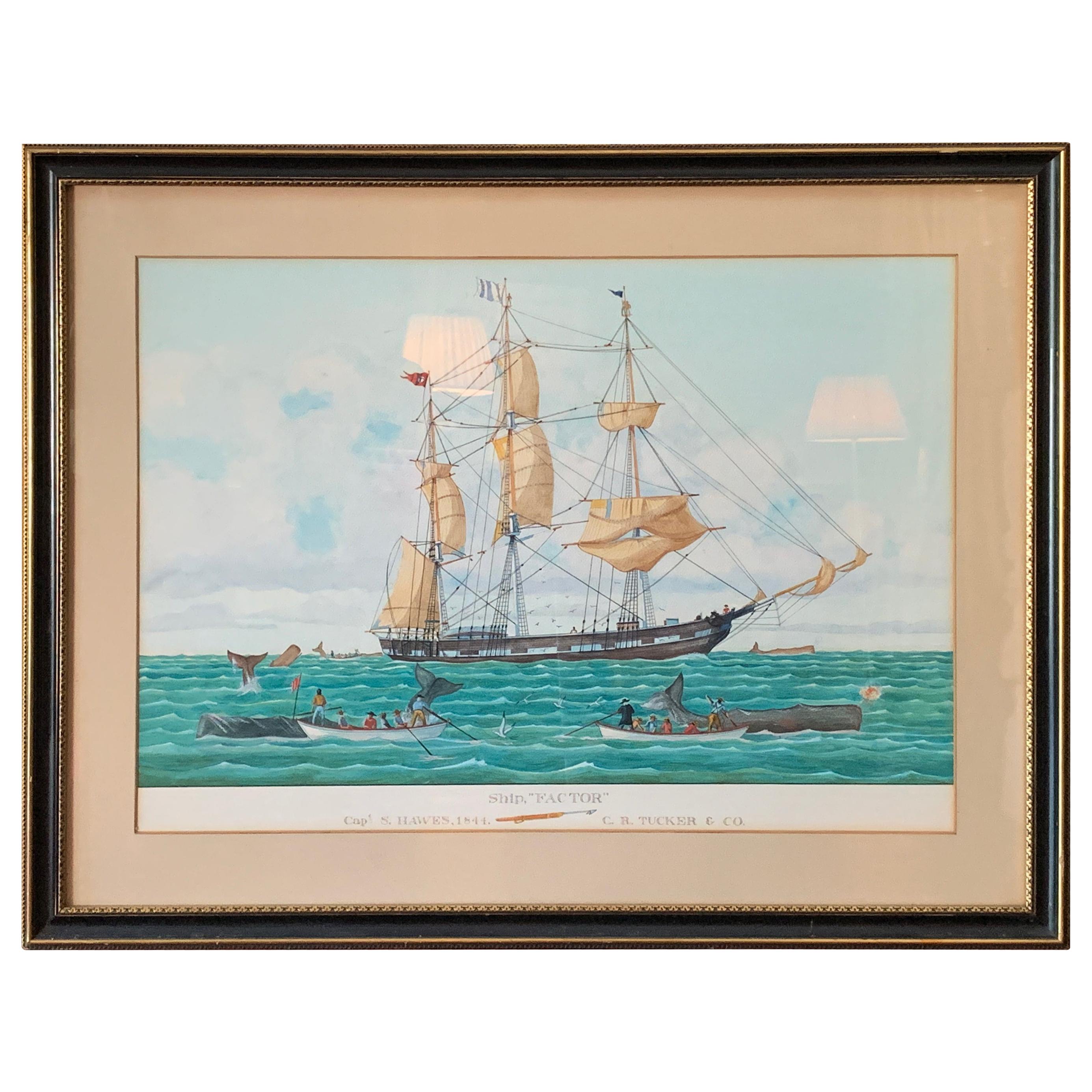 Large Watercolor Painting of a Nantucket Whaling Ship