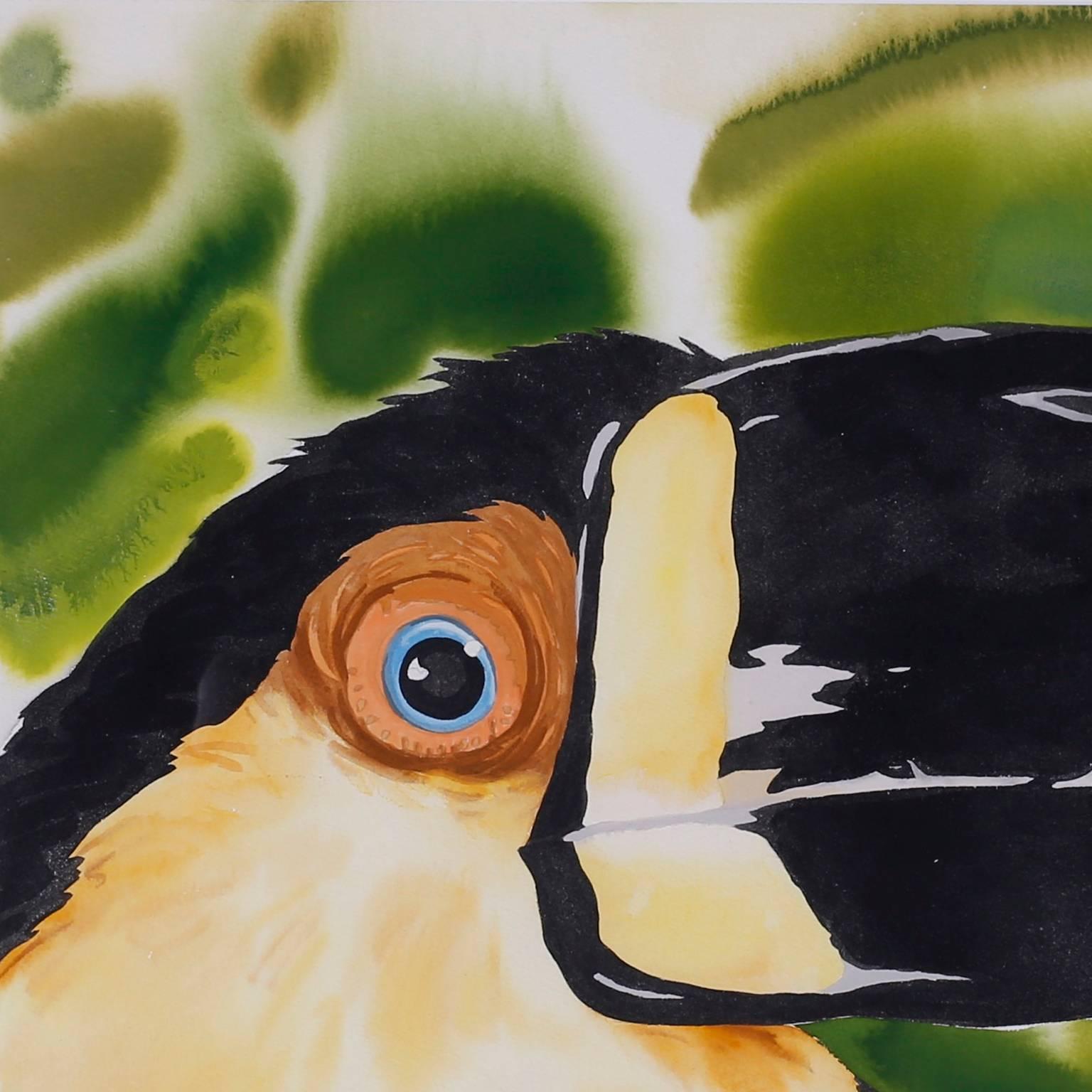 Bold watercolor painting on paper of a toucan or bird on paper with
evocative tropicals colors and an amusing presence. Signed Timothy
Bailey 86 on the lower right.