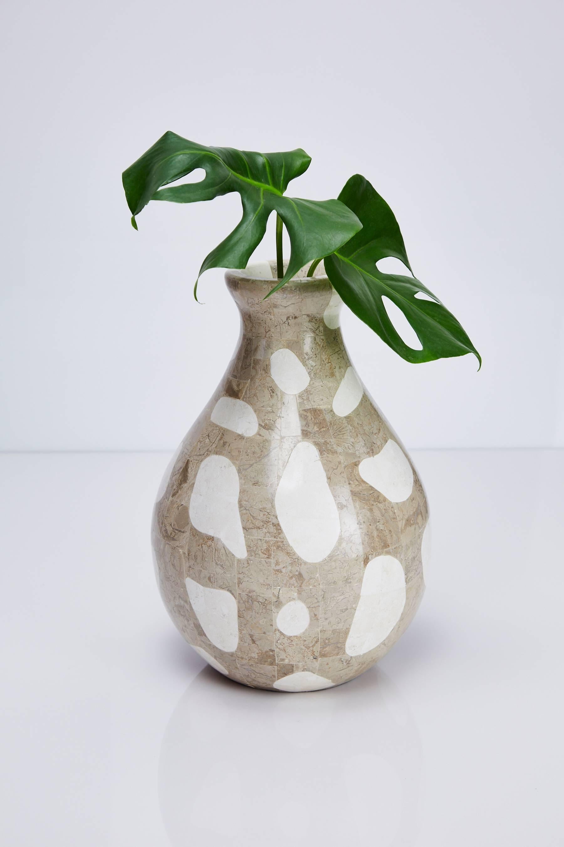 Waterdrop shaped vase in tessellated white ivory and cantor stone with spotted 'giraffe' decoration over fiberglass body.