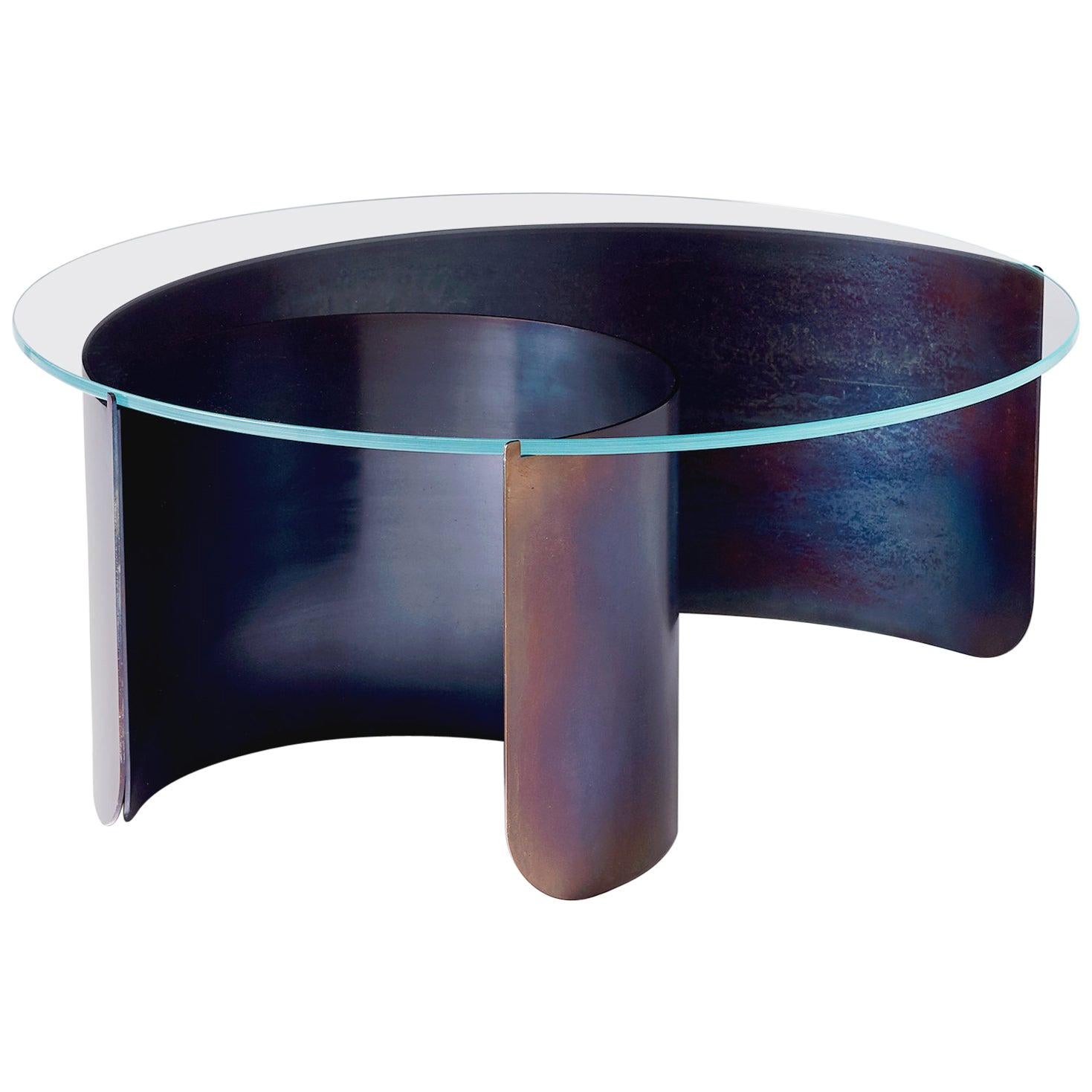 Large Wave Coffee Table in Contemporary Heat Tempered Steel and Starphire Glass For Sale