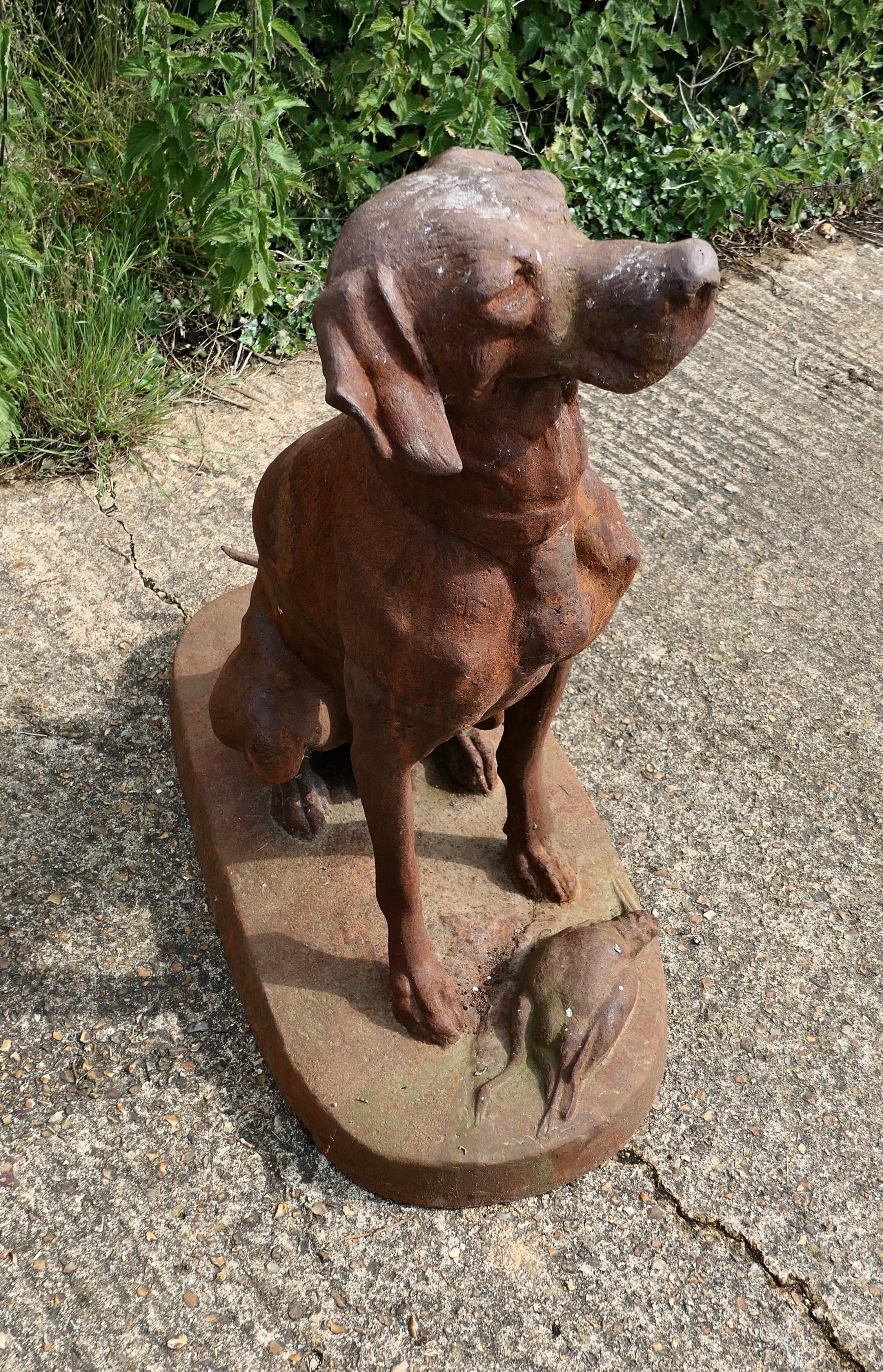 Large Weathered Cast Iron Statue of a Retriever Hunting Dog 1