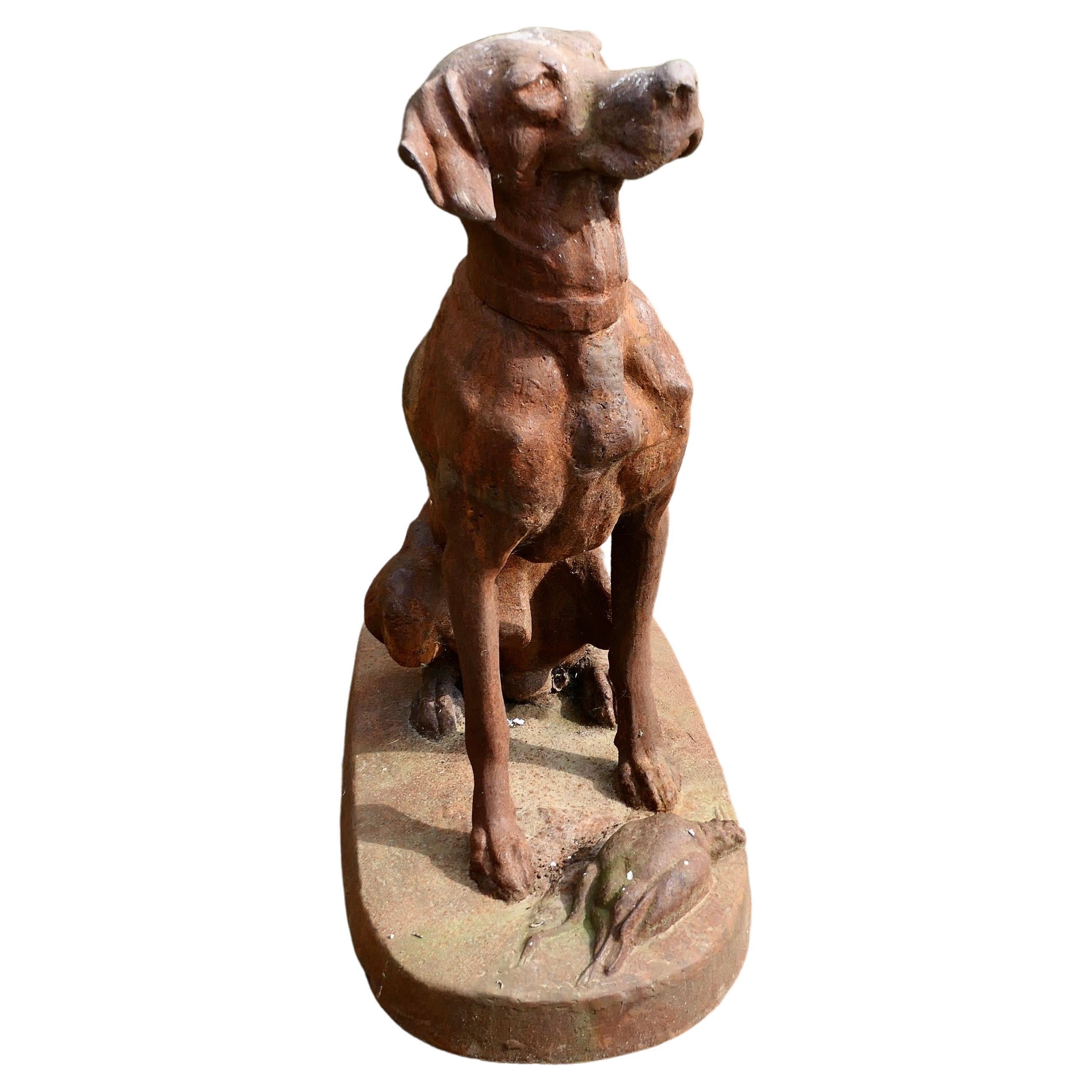 Large Weathered Cast Iron Statue of a Retriever Hunting Dog