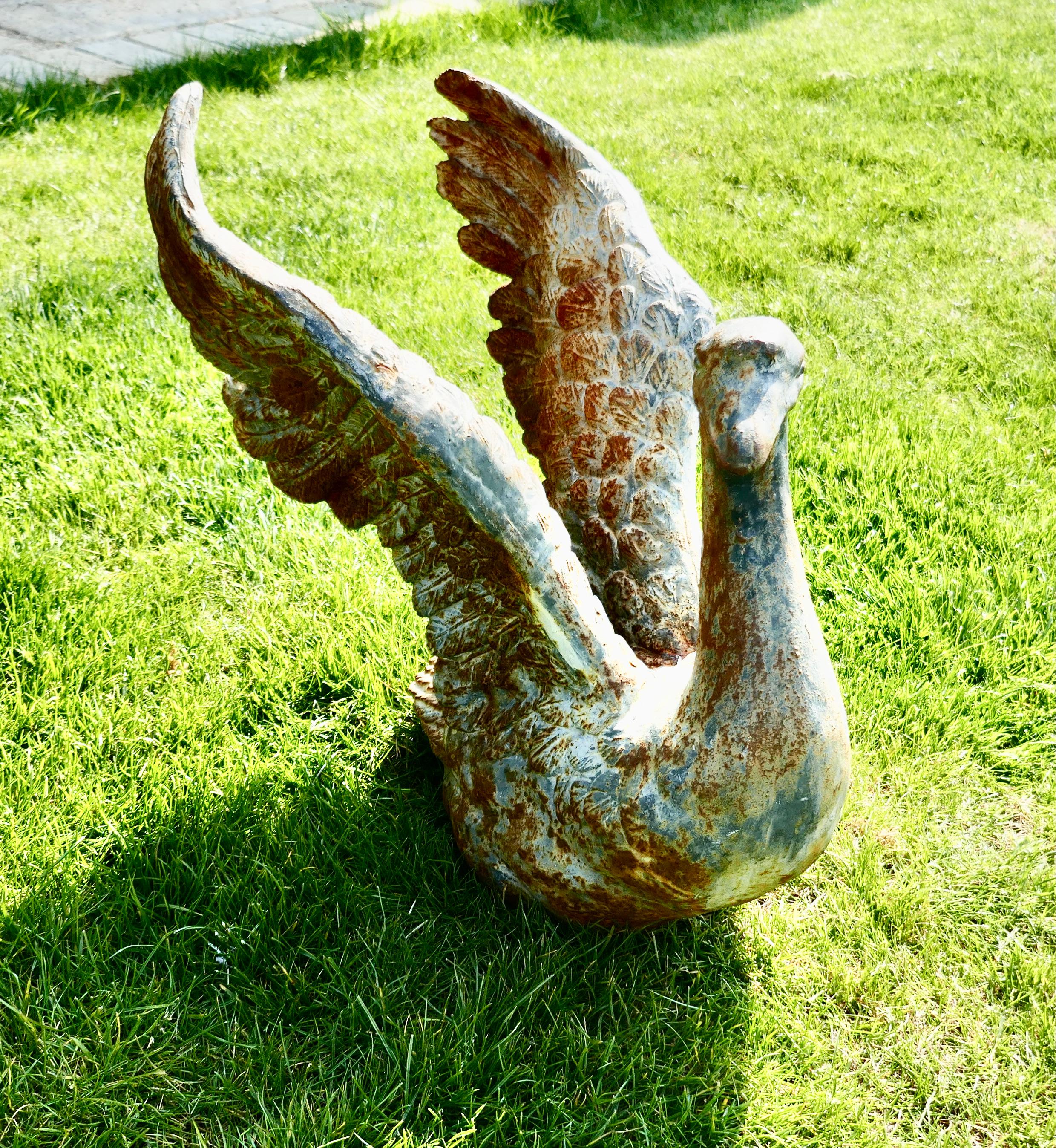 Large Weathered Cast Iron Statue of a Swan Landing In Good Condition For Sale In Godshill, Isle of Wight