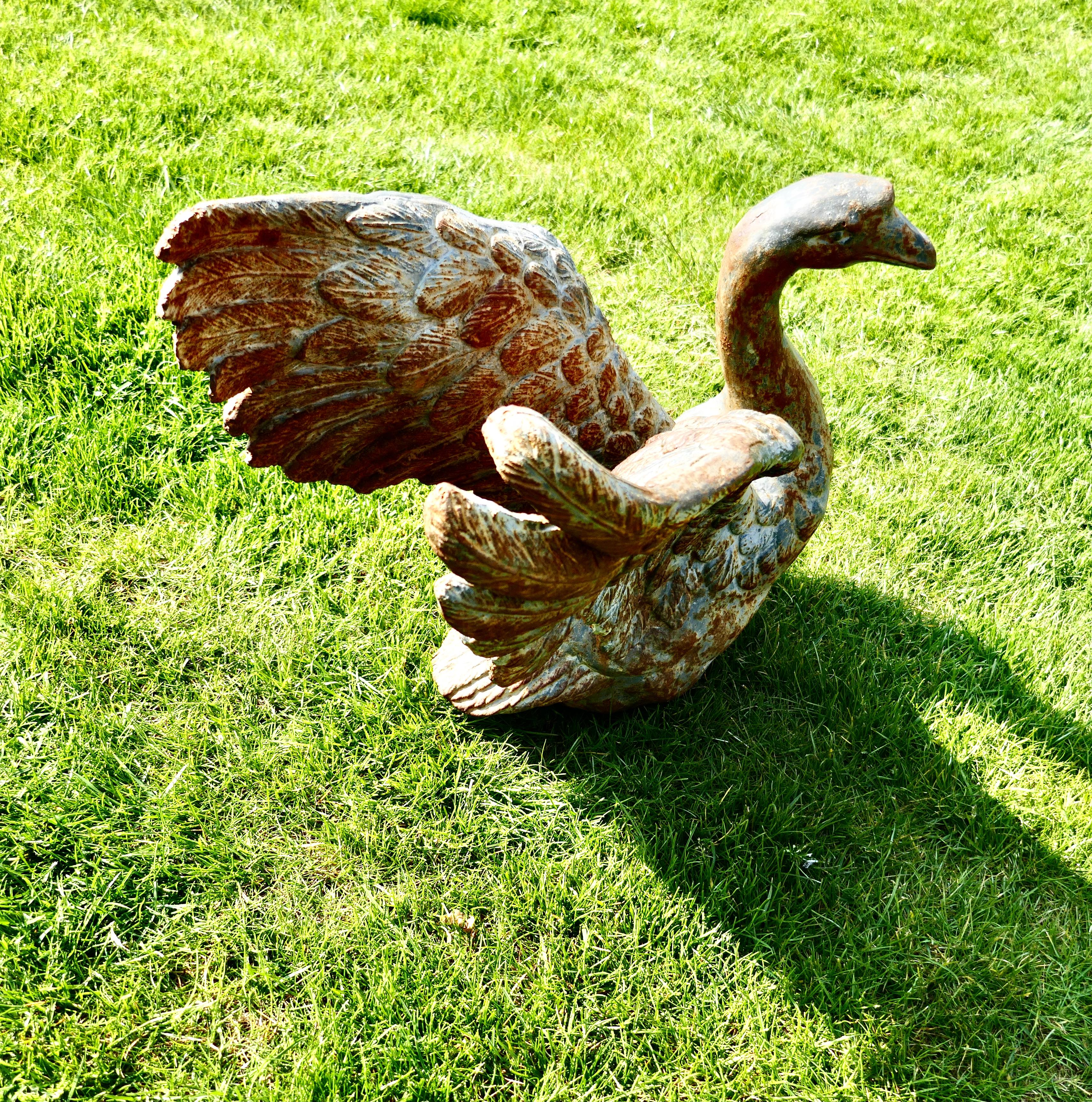 Large Weathered Cast Iron Statue of a Swan Landing For Sale 1