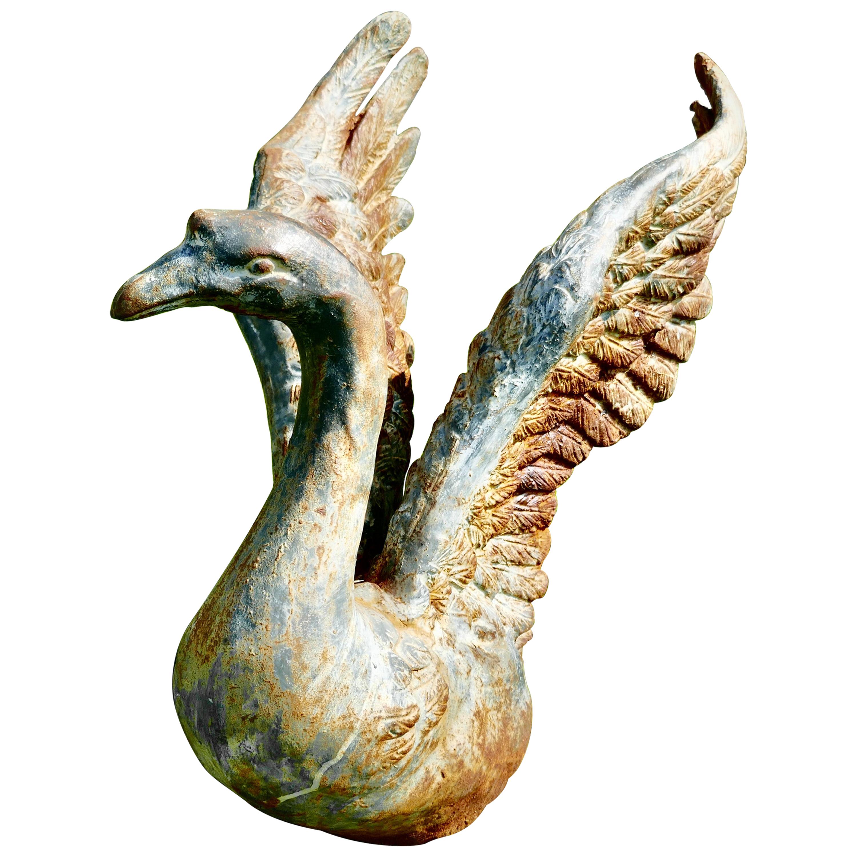 Large Weathered Cast Iron Statue of a Swan Landing