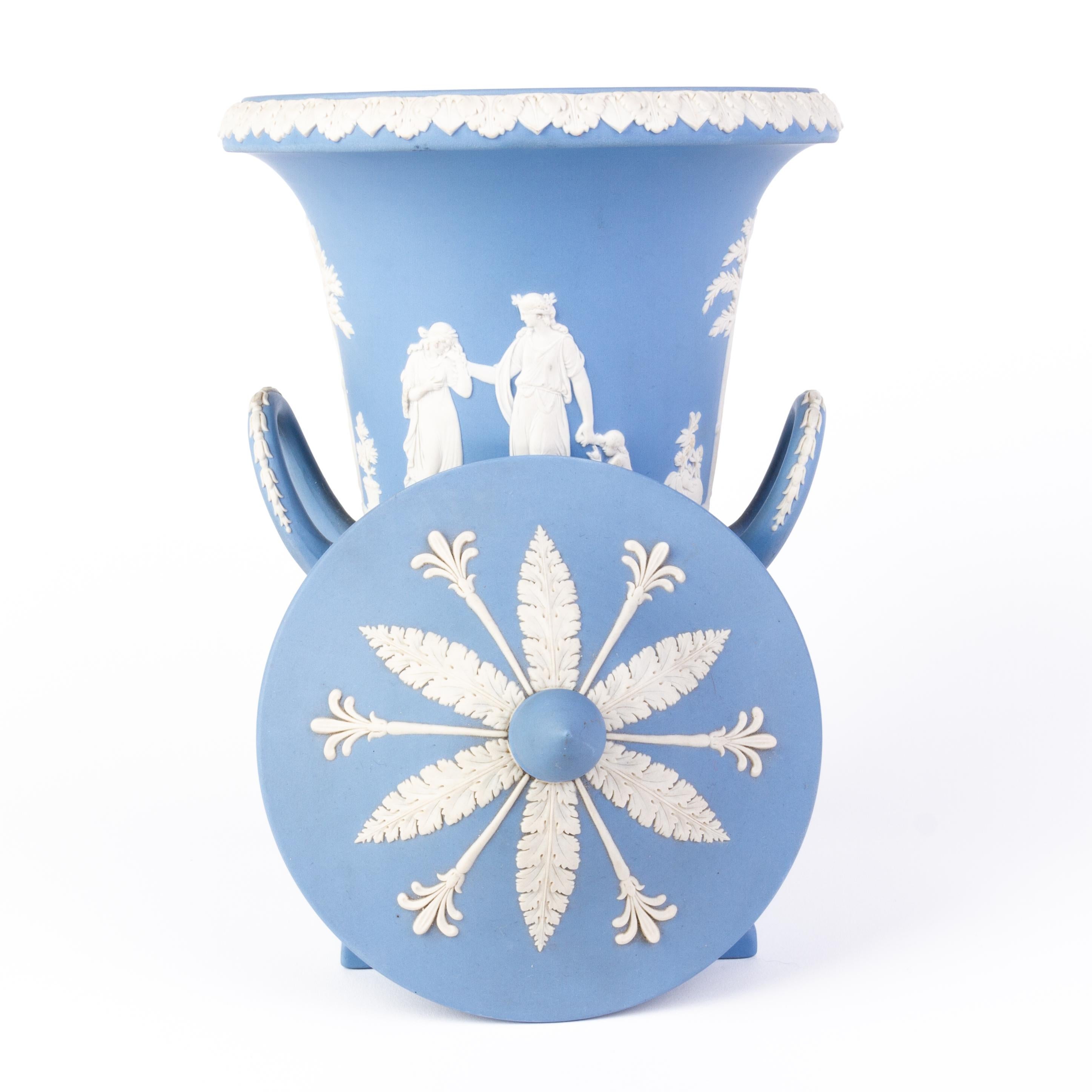 Porcelain Large Wedgwood Blue Jasperware Cameo Neoclassical Urn Campana Vase For Sale