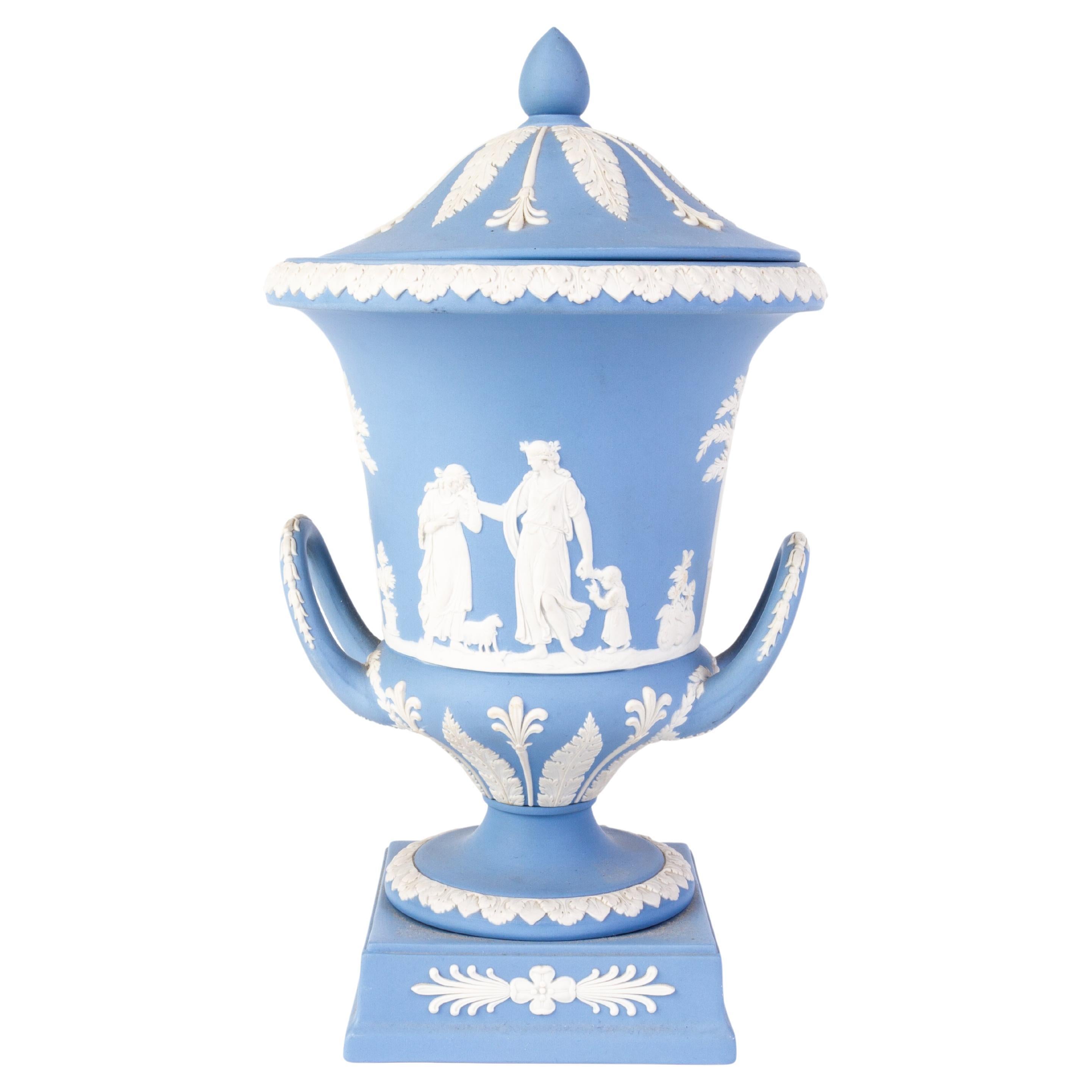 Large Wedgwood Blue Jasperware Cameo Neoclassical Urn Campana Vase For Sale