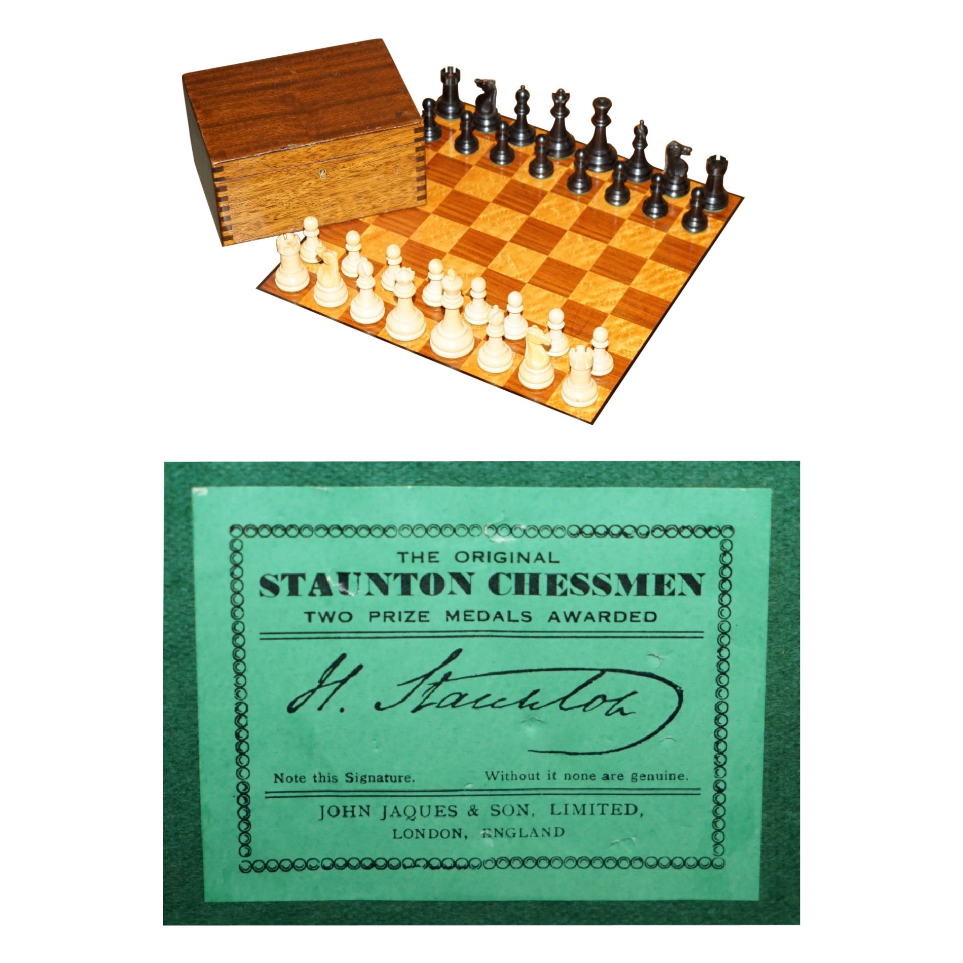 GRANDE SET DI SCACCHI D
EPOCA DI JACQUE STAUNTON CHESSMAN STAMPED SCATOLA ORIGINALE in vendita