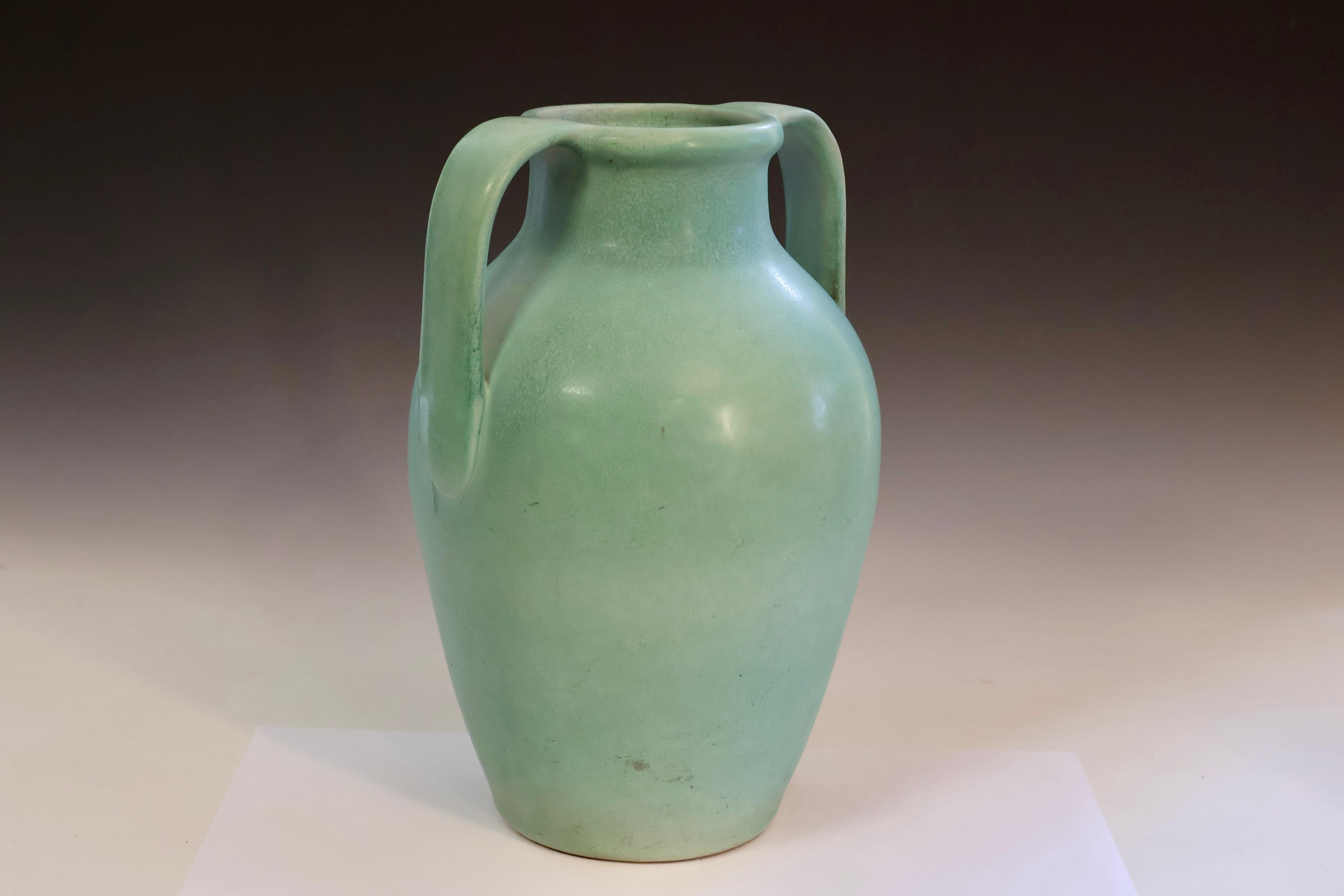 Arts and Crafts Large Weller Evergreen Pottery Vase Satin Matt Green Arts & Crafts Stoin For Sale