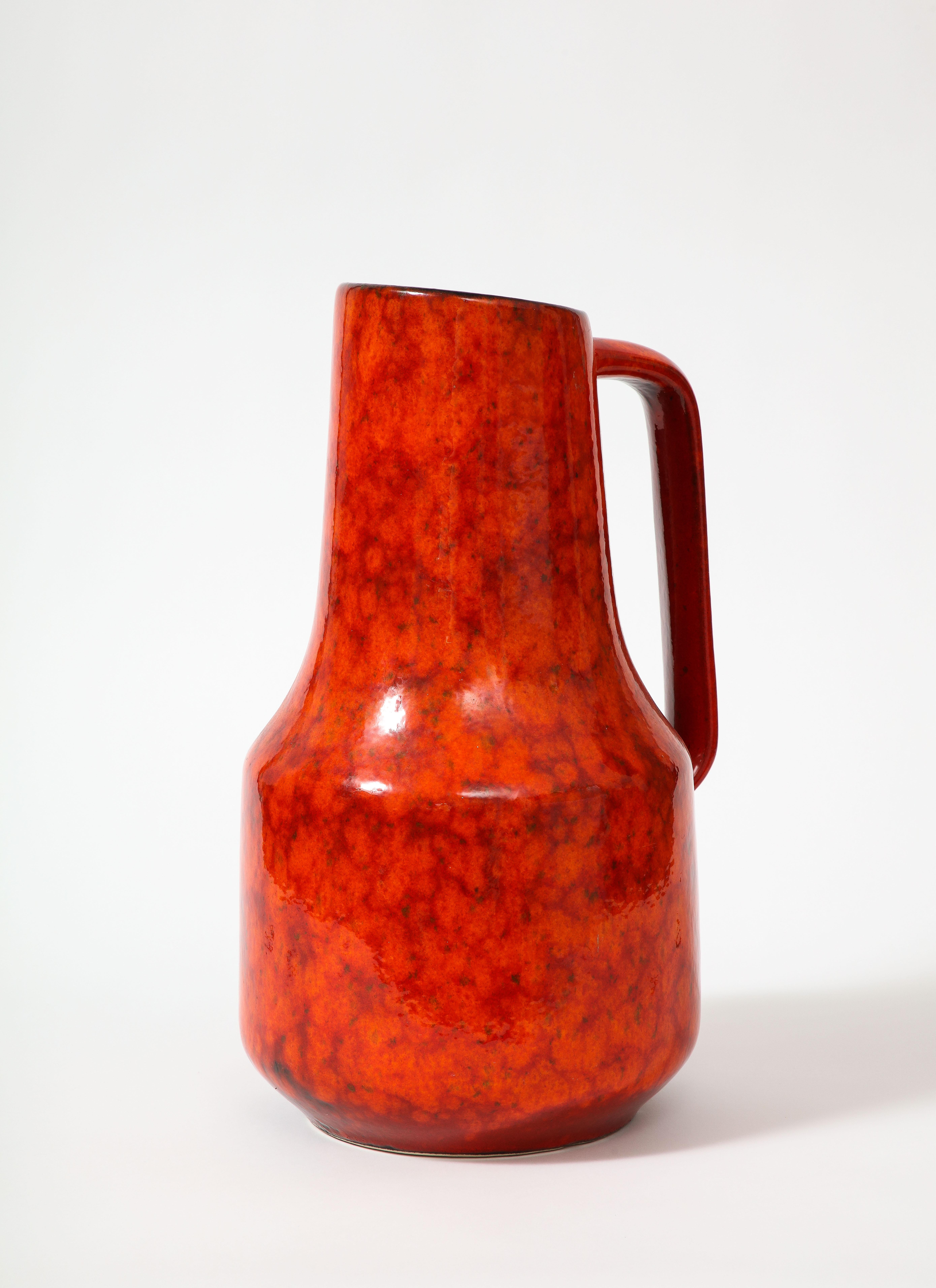 Large West German Pottery Pitcher in Red Lava Design In Good Condition For Sale In New York City, NY