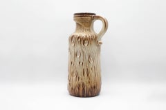 West German Scheurich Koralle Floor Vase, Brown Cream Glazed Ceramic