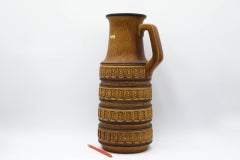 West German Scheurich Handled Vase, Amber Glaze with Relief Medallions