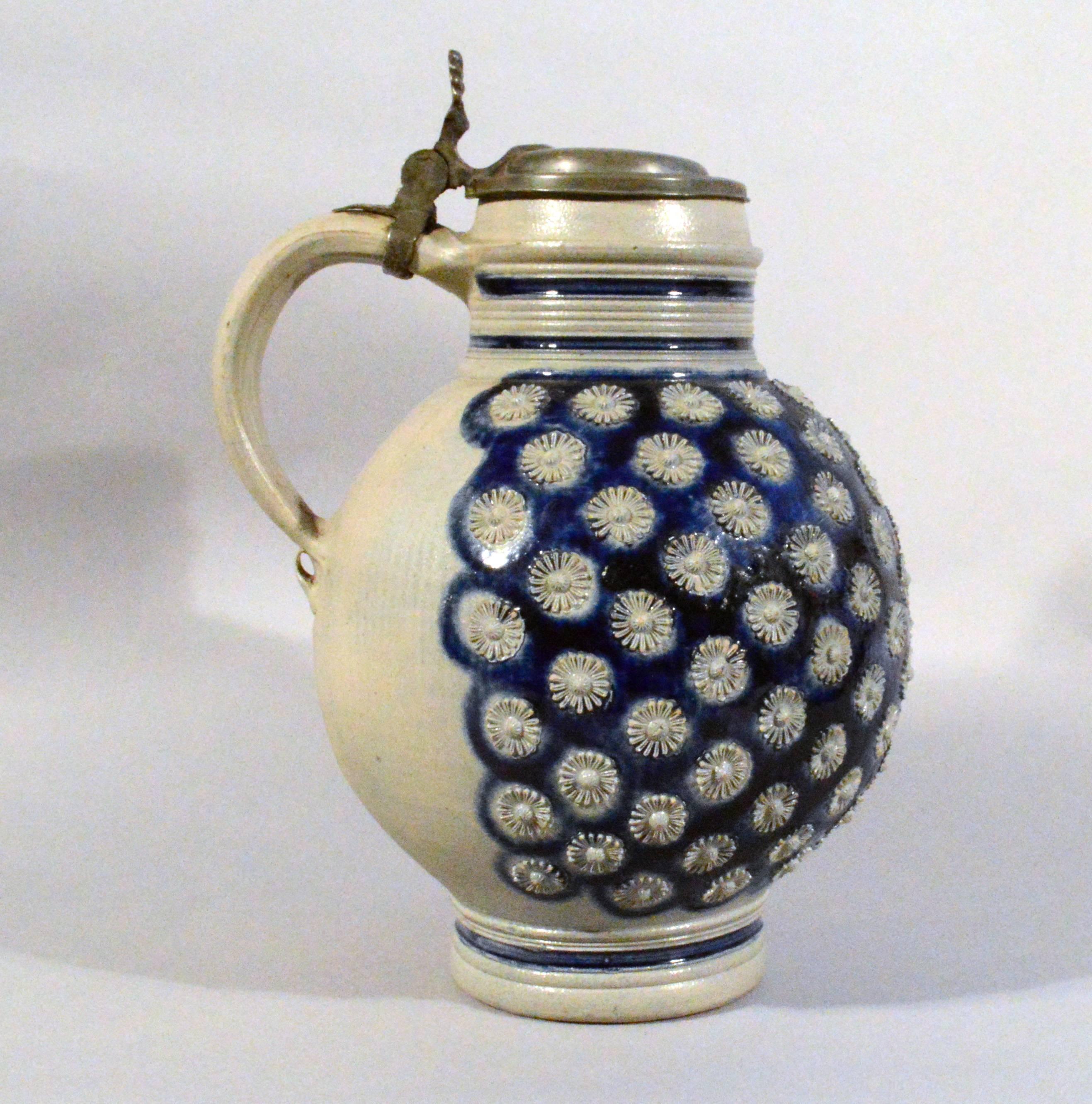Large Westerwald Stoneware Jug with Original Pewter Cover In Excellent Condition In Downingtown, PA