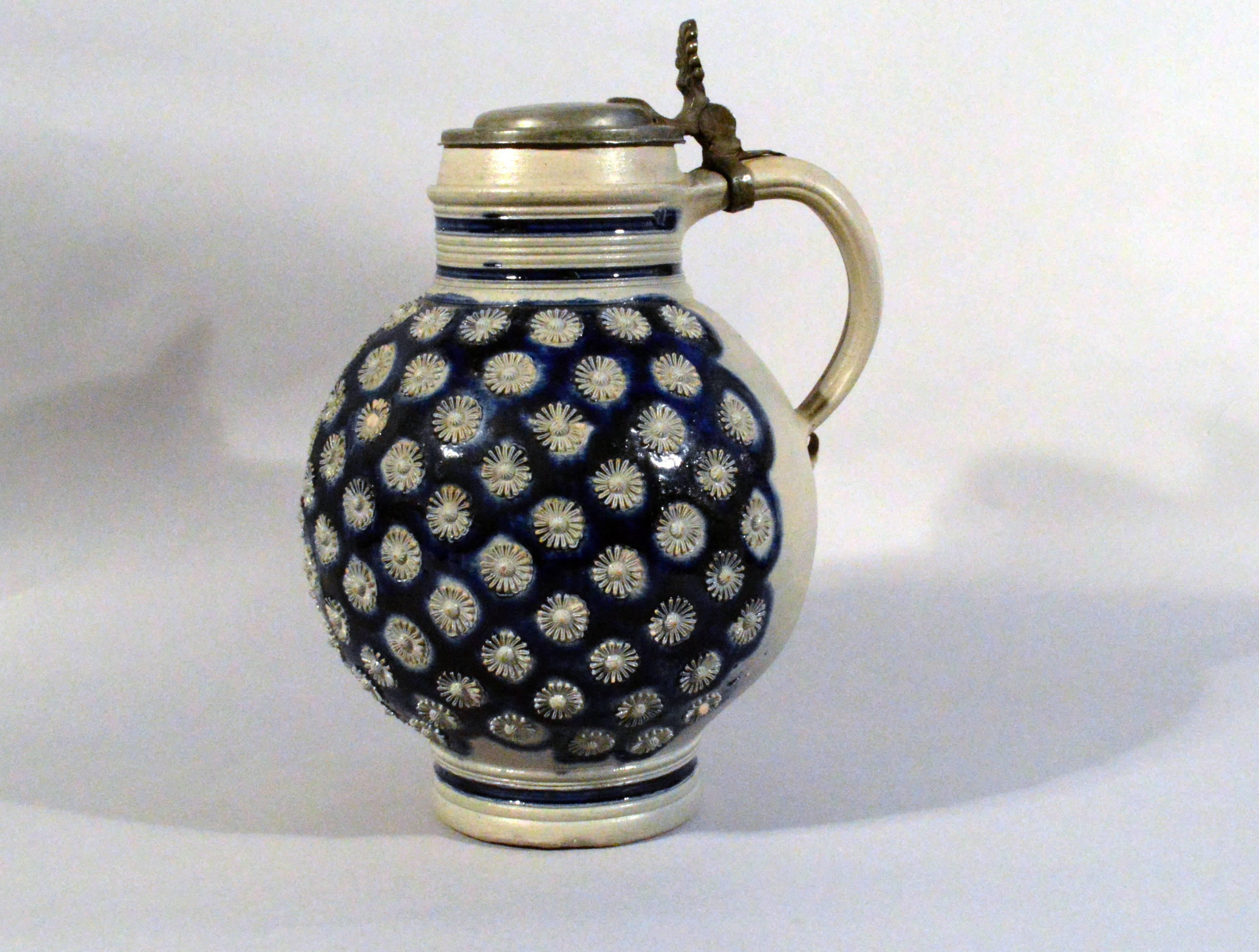 Mid-17th Century Large Westerwald Stoneware Jug with Original Pewter Cover
