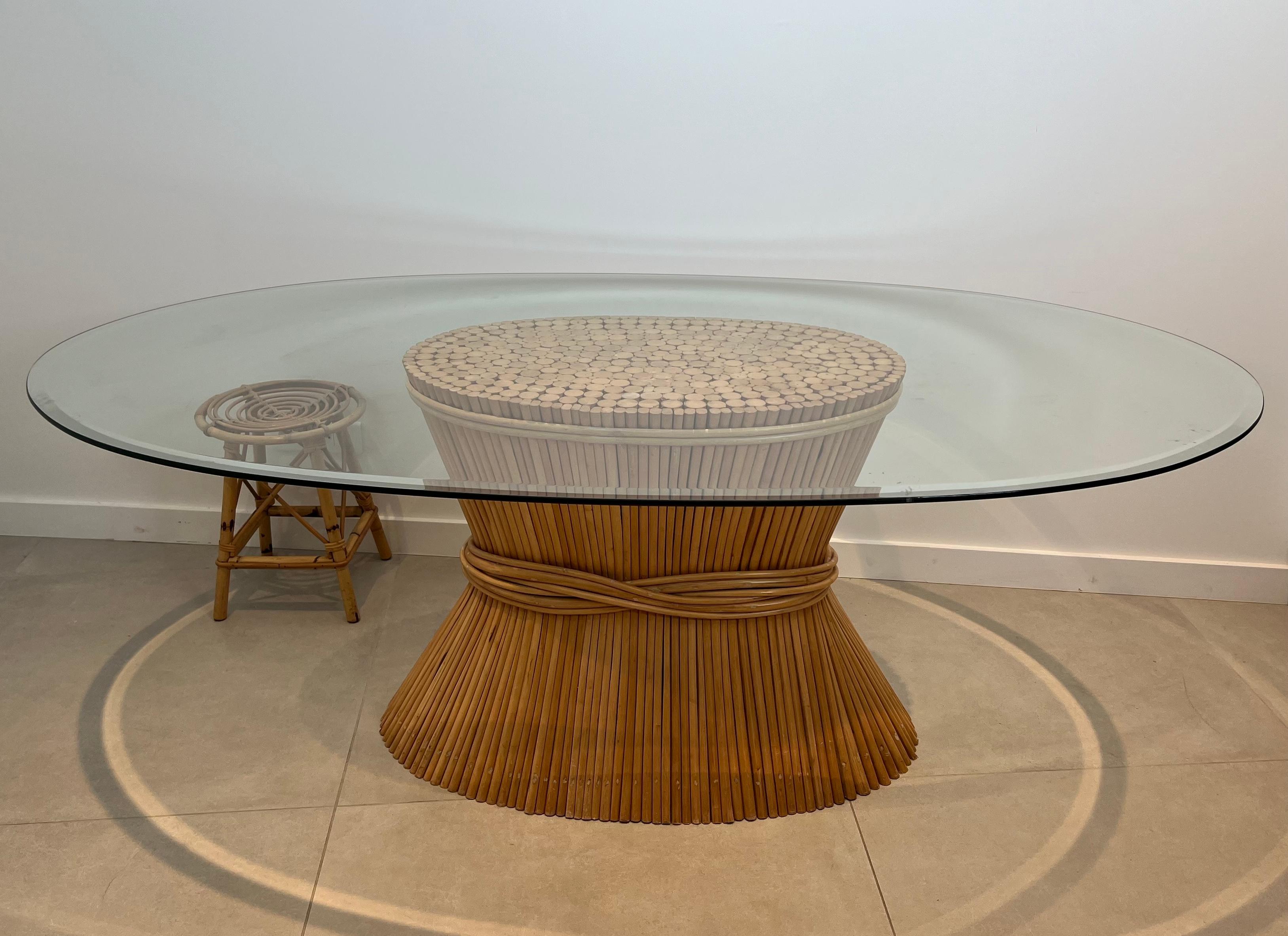 Large Wheat Sheaf Dinning Table with an Oval Beveled Glass Top on a Bamboo Base For Sale 6