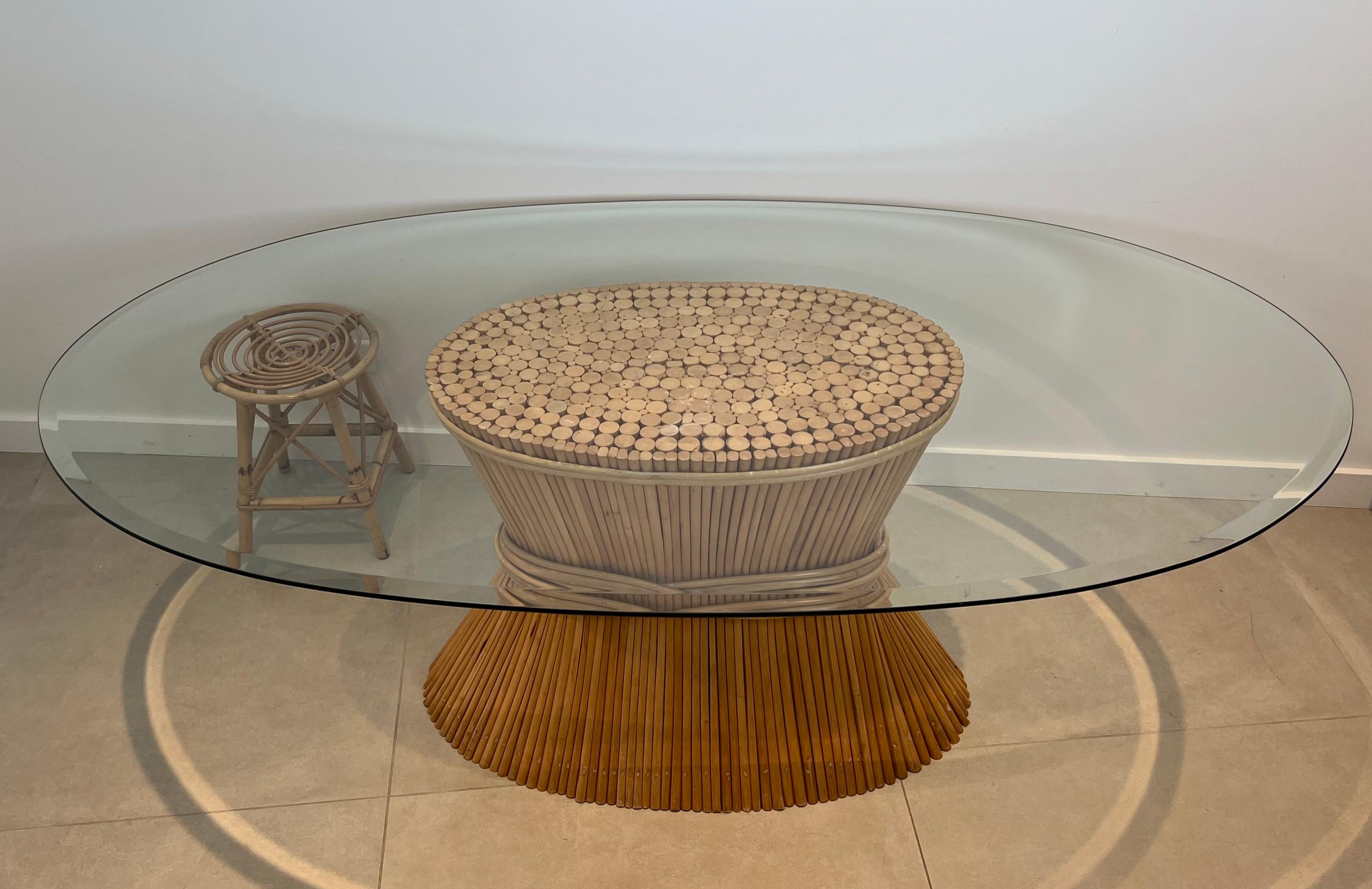 Large Wheat Sheaf Dinning Table with an Oval Beveled Glass Top on a Bamboo Base For Sale 9
