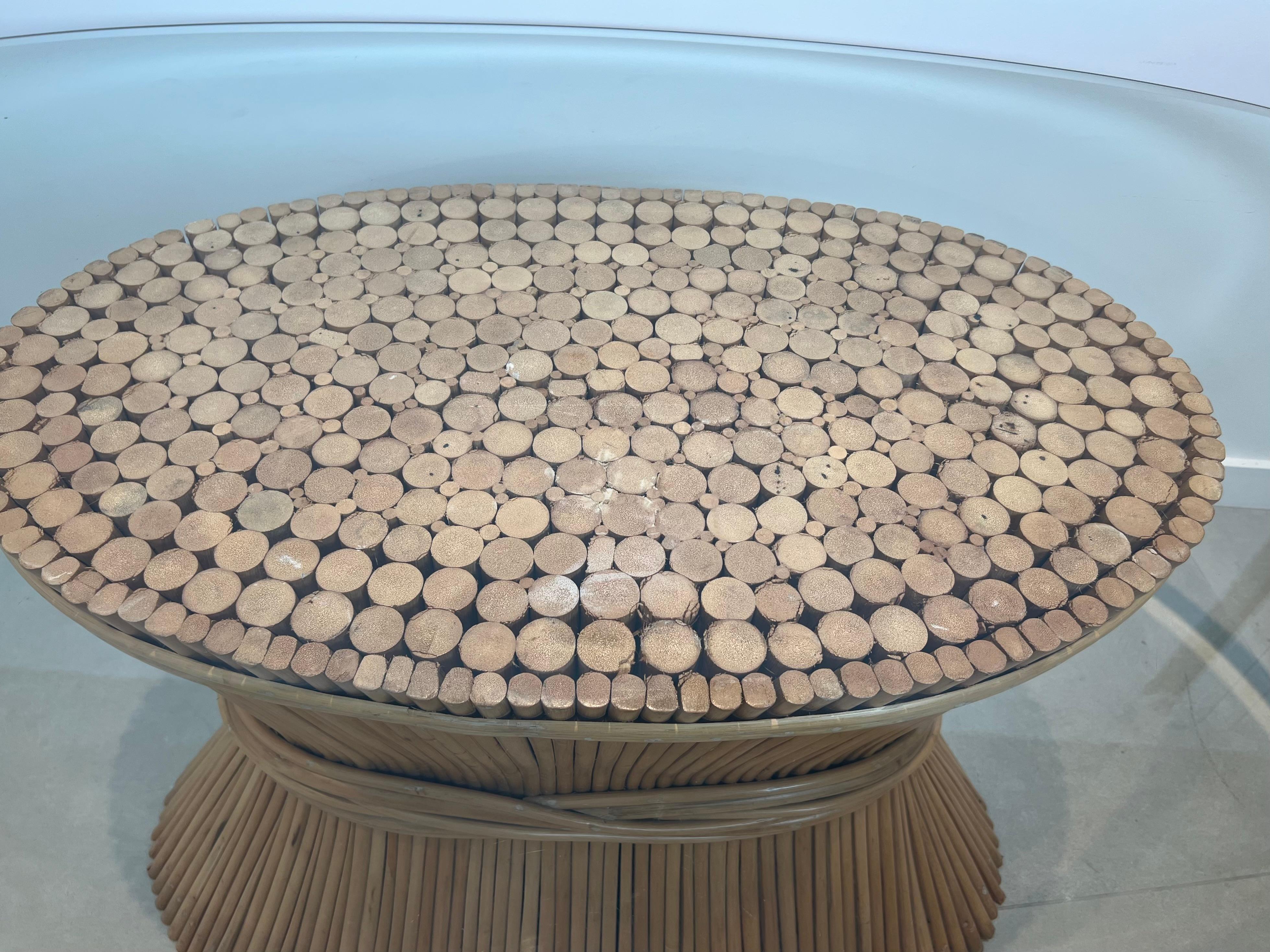 Large Wheat Sheaf Dinning Table with an Oval Beveled Glass Top on a Bamboo Base For Sale 11